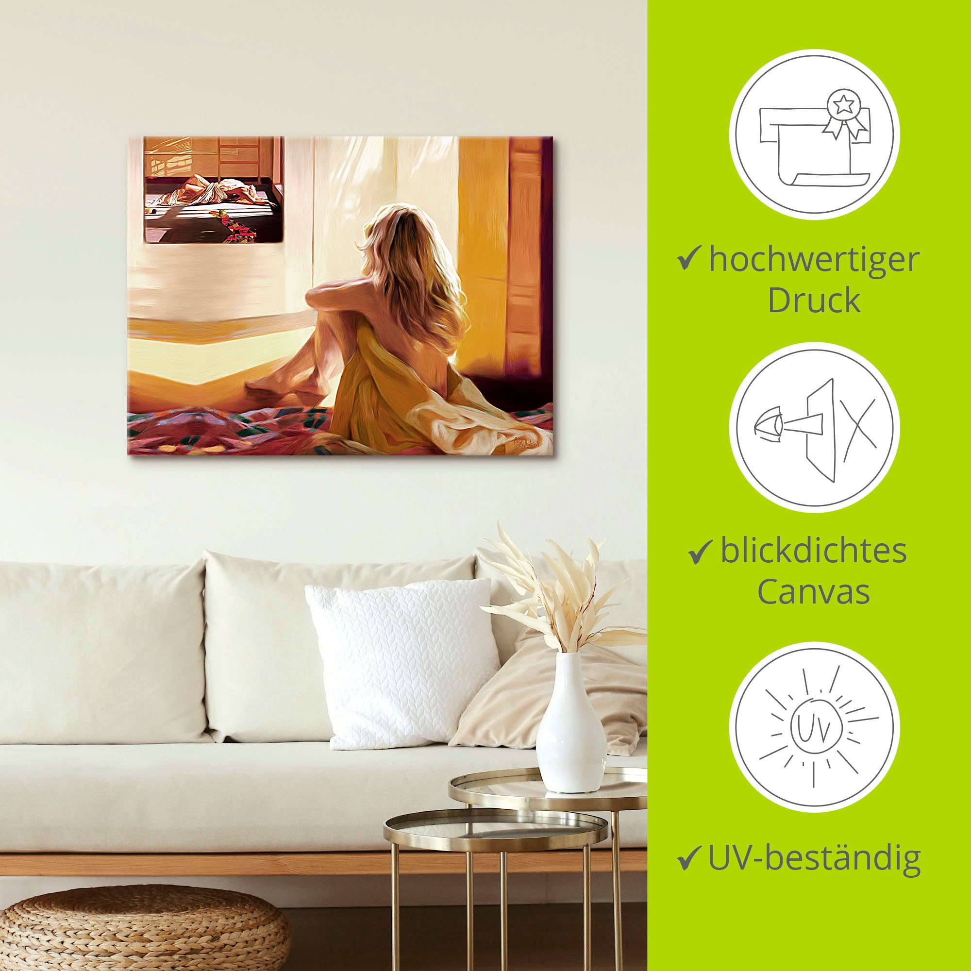 Artland Wandbild »Blondes Mädchen sitzt auf dem Bett«, Bilder von Frauen, (1 St.), als Alubild, Outdoorbild, Leinwandbild in verschied. Größen