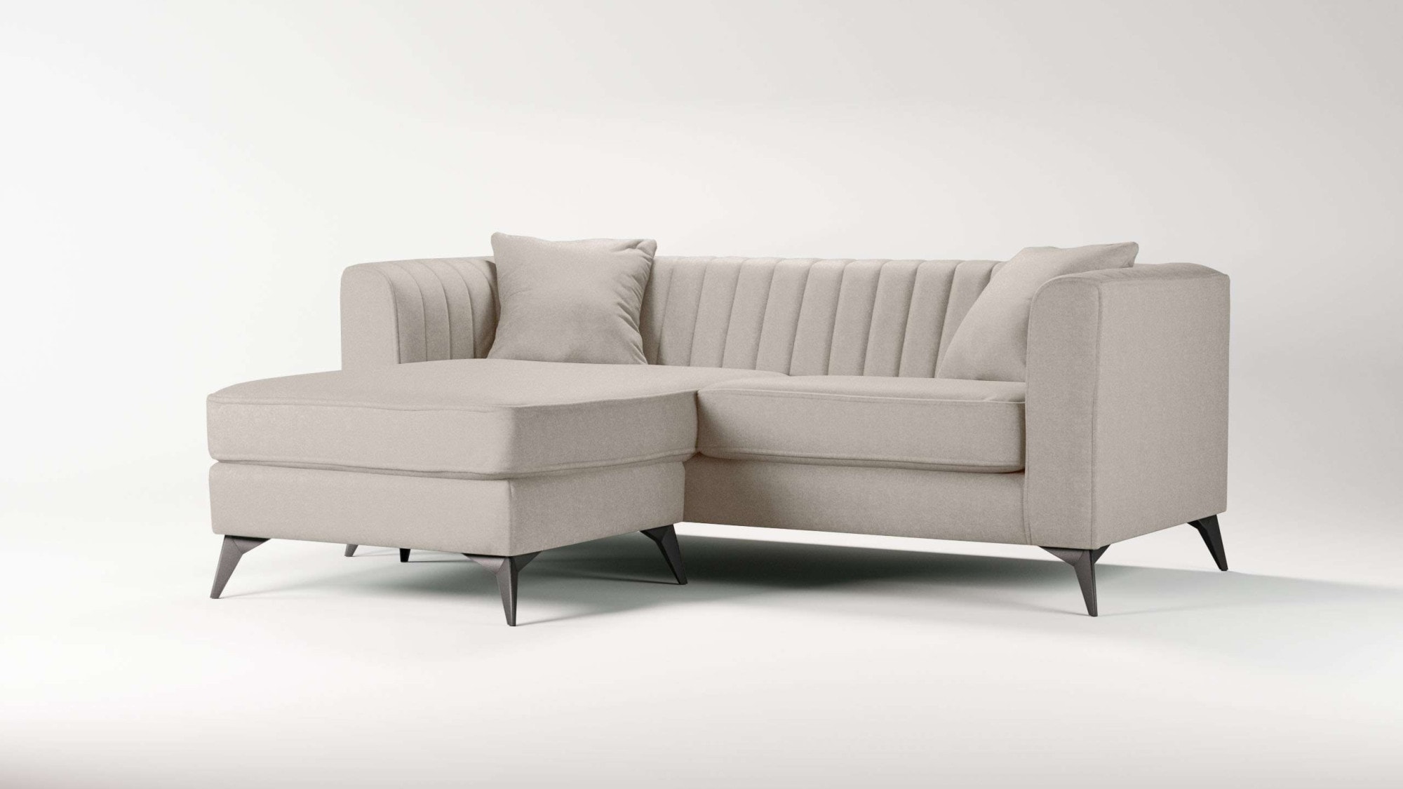Places of Style Ecksofa »MATTHEW L-Form ideal für kleine Räume, Maße B/T/H: 201/162/74 cm«, elegantes Designsofa, feine Steppung im Rücken, incl. Zierkissen