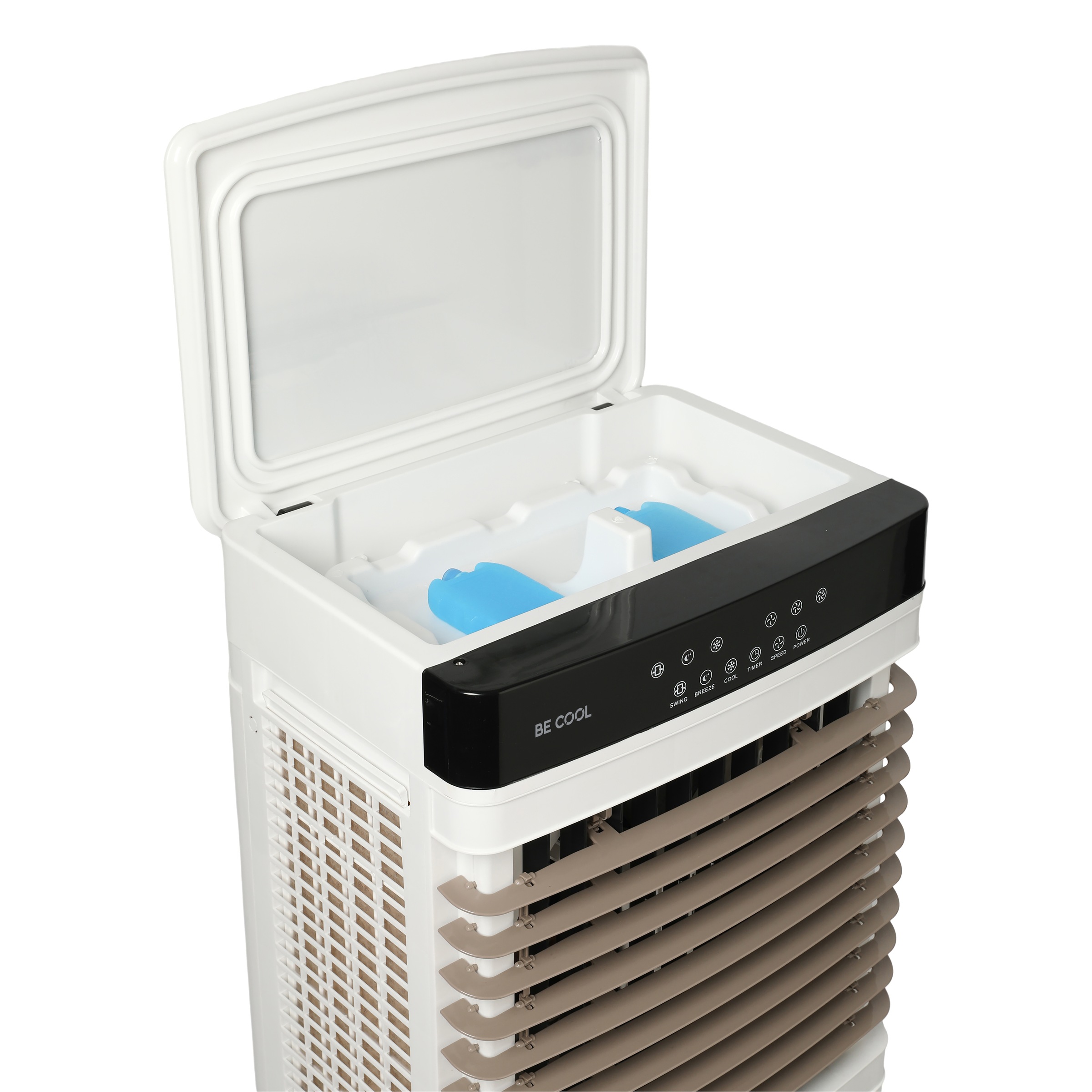 be cool Ventilatorkombigerät »Luftkühler 60l BC60AC2401 weiß/braun« 40 l Tank, 9800m³/h, Temperaturanzeige, 2 Kühlakkus