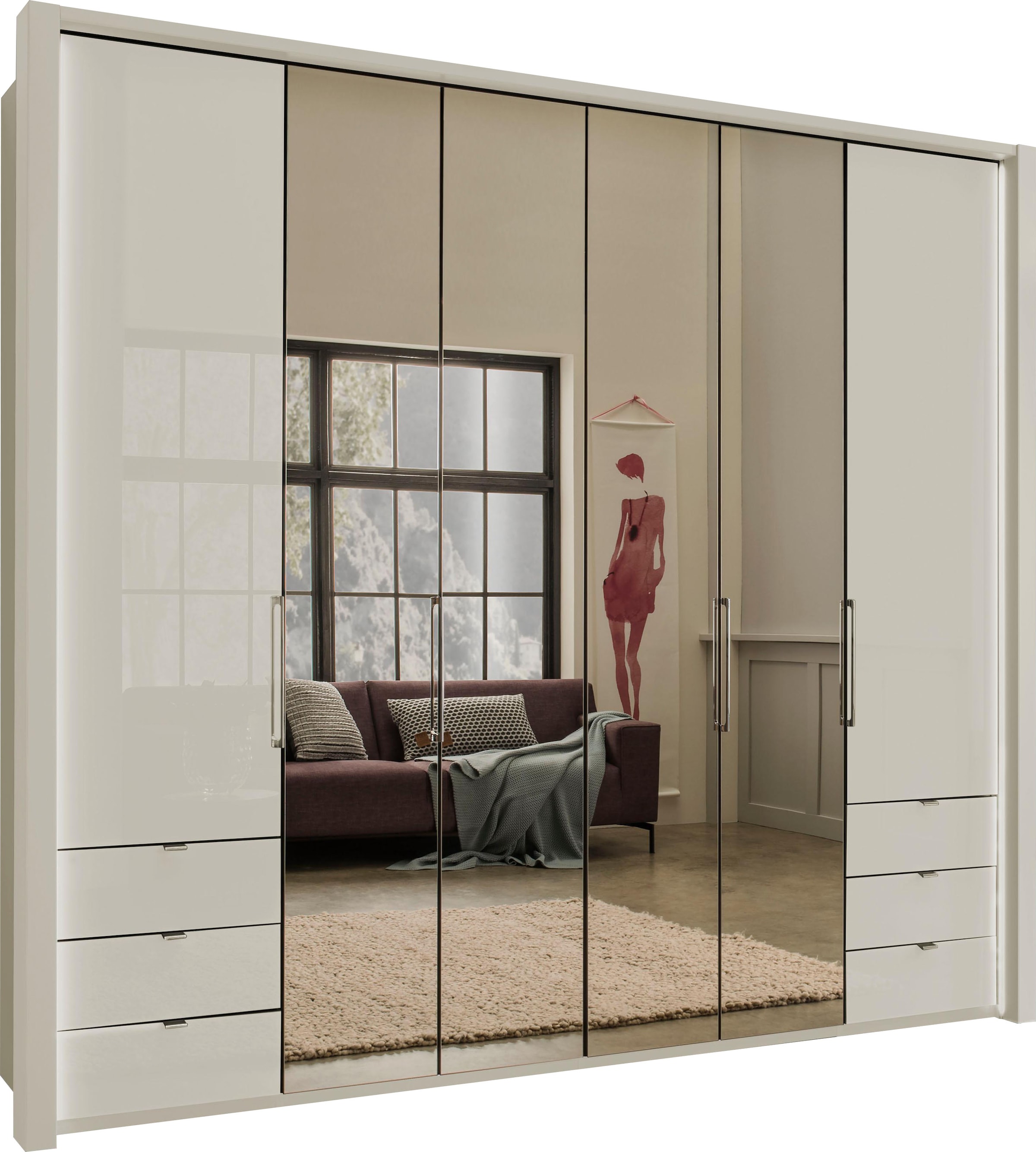 WIEMANN Falttürenschrank »Kansas, Kleiderschrank, Schrank, Wäscheschrank, mit Glas und Spiegel«, (2 Breiten, 2 Höhen 216/236 cm auswählbar, MADE IN GERMANY), inkl. gepämpften Schubkästen und Türen, mit Panoramaöffnung