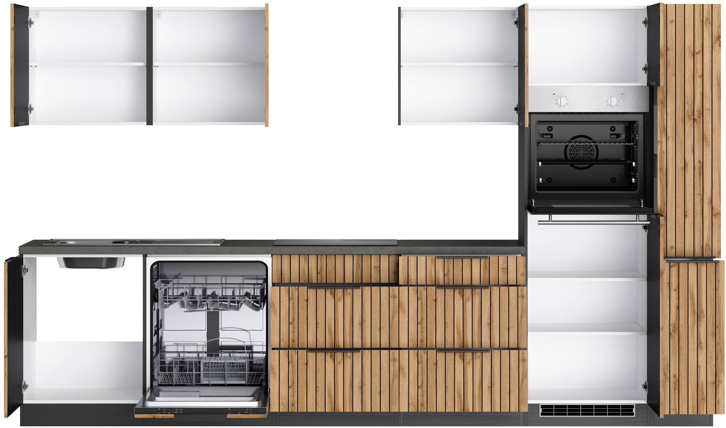 KOCHSTATION Küchenzeile »KS-Lagos, wahlweise mit E-Geräten, Spüle edelstahl oder schwarz« Breite 330cm, Ceran-oder Induktionskochfeld,mit oder ohne Kühlschrank