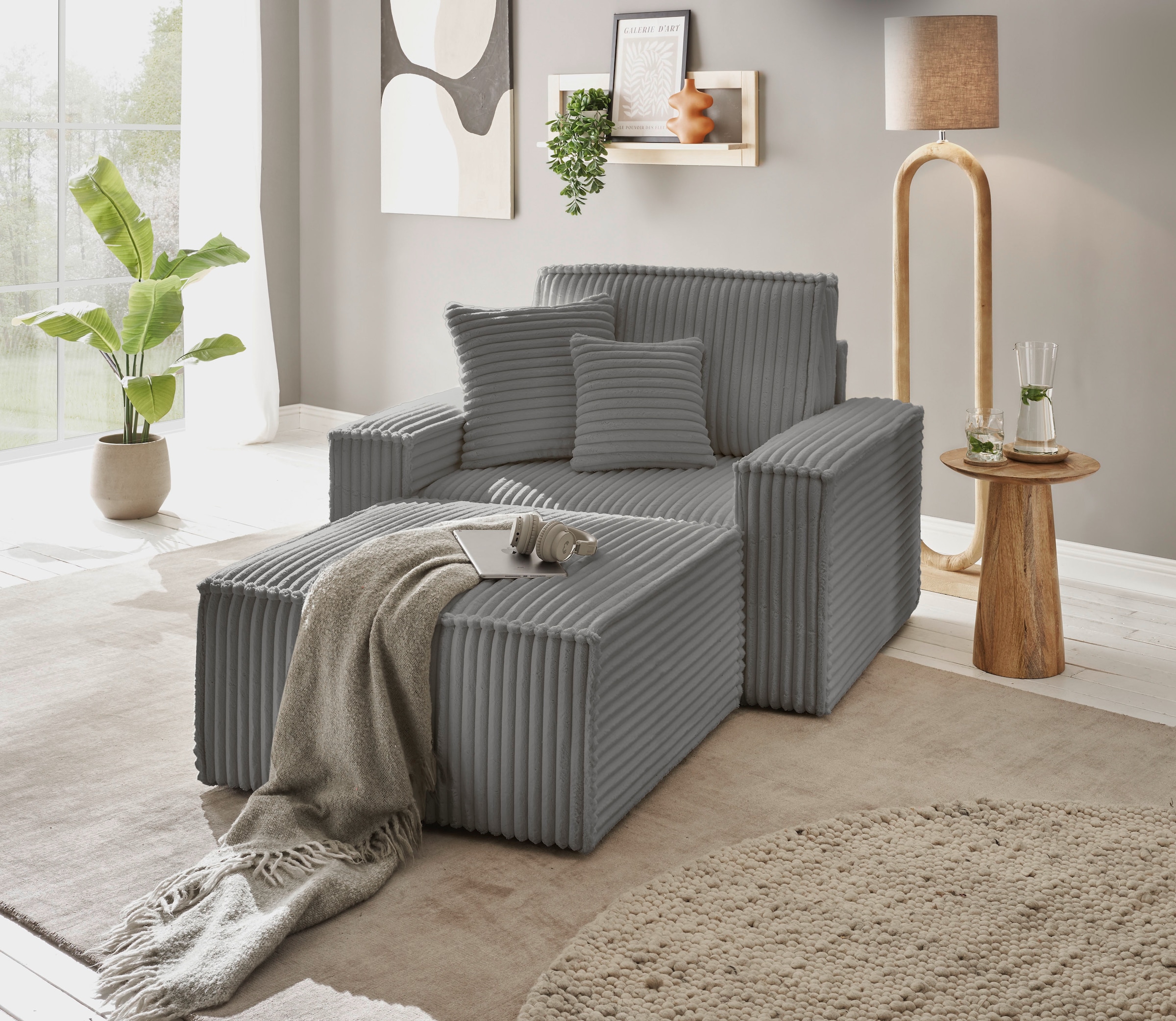 OTTO home Loveseat »FINNLEY, Loveseat & Hocker im Set, trendige Stoffe, inkl. Zierkissen« 2 Stk. tlg. verfügbar in den Stoffqualitäten Bouclé, Struktur fein und Mega Cord