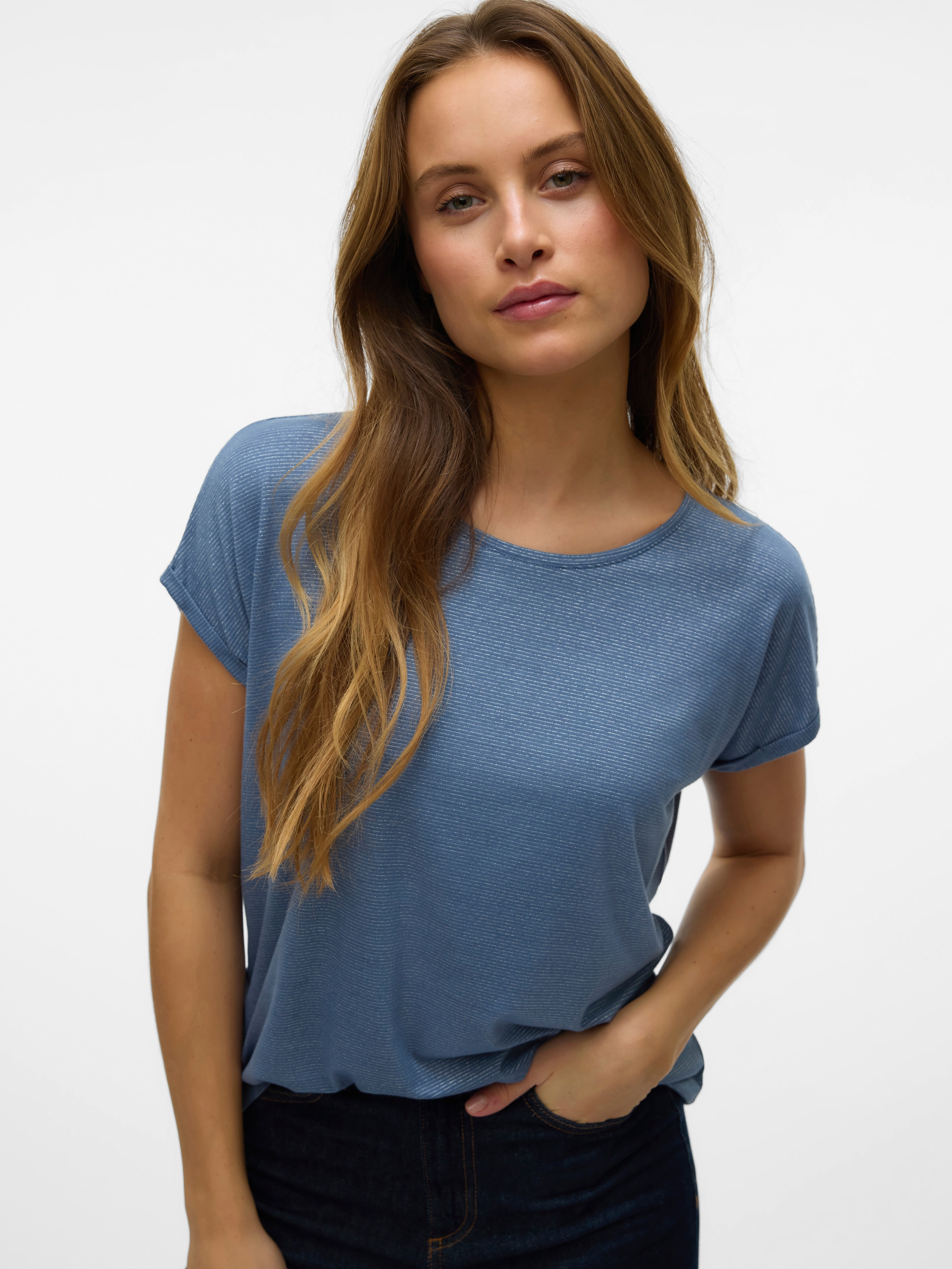 Vero Moda Rundhalsshirt »VMLAVA PLAIN SS TOP LUREX STRIPE«