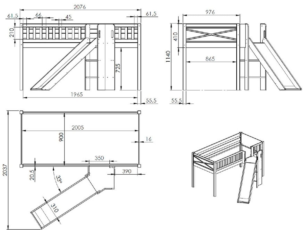 Vipack Hochbett »Scott«, (Made in Europe), m. Rutsch-/Leiterturm, LF 90x200 cm, Vorhang, Tasche, 4 Designs