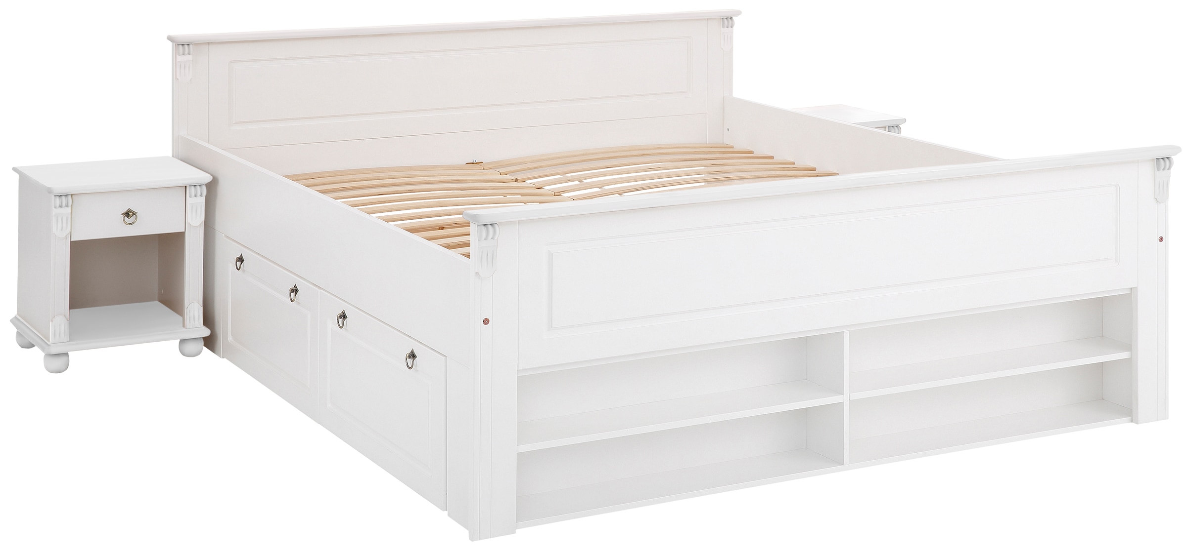 Home affaire Massivholzbett »Tessin, Stauraumbett, Landhausstil, Schubladen optional, rustikal«, (Breite/Belastbarkeit 180cm/220 KG, 140cm/180 KG), zertifizierte Kiefer, Kassetten-Optik, stabile Qualität