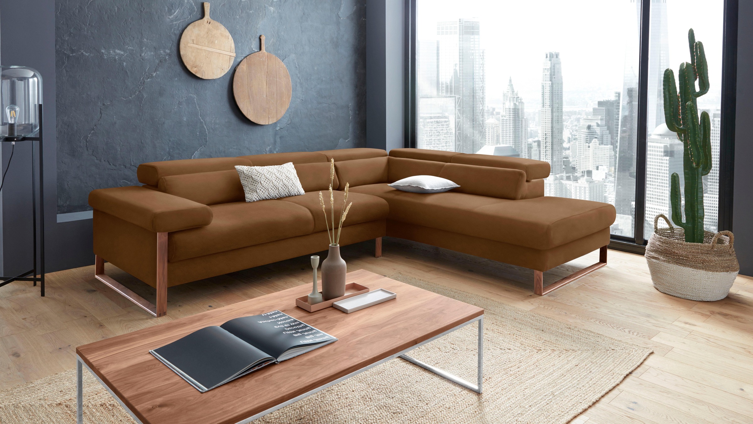 W.SCHILLIG Ecksofa »finn, Designsofa mit tollem Sitzkomfort, bequem, L-Form«, German Design Award 2016, Fußgestell Nussbaum natur, Breite 281 cm