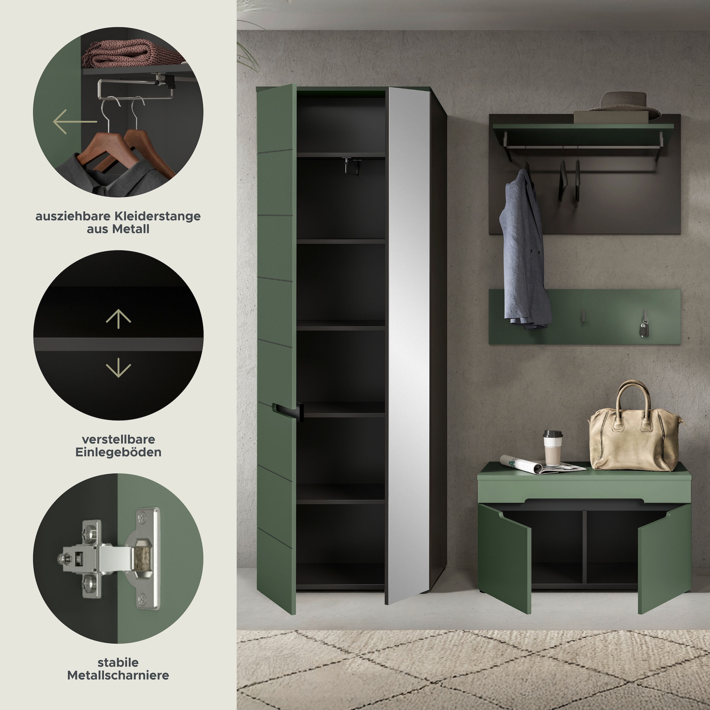 Home affaire Garderoben-Set »REHAT, TOPSELLER!, 4-teilig, Breite 160cm, individuell stellbar« bestehend aus: Garderobenschrank, Sitzbank, Paneel, Hakenleiste, 3 Stk. tlg.