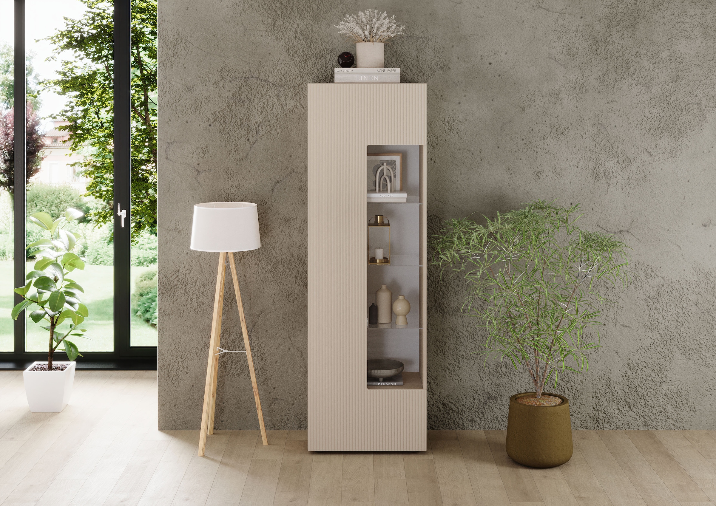 INOSIGN Vitrine »RIO, Höhe 187 cm, Hochschrank mit 1 Tür, Anrichte, Standvitrine«, geriffelte Front, modern u. elegant, viel Stauraum