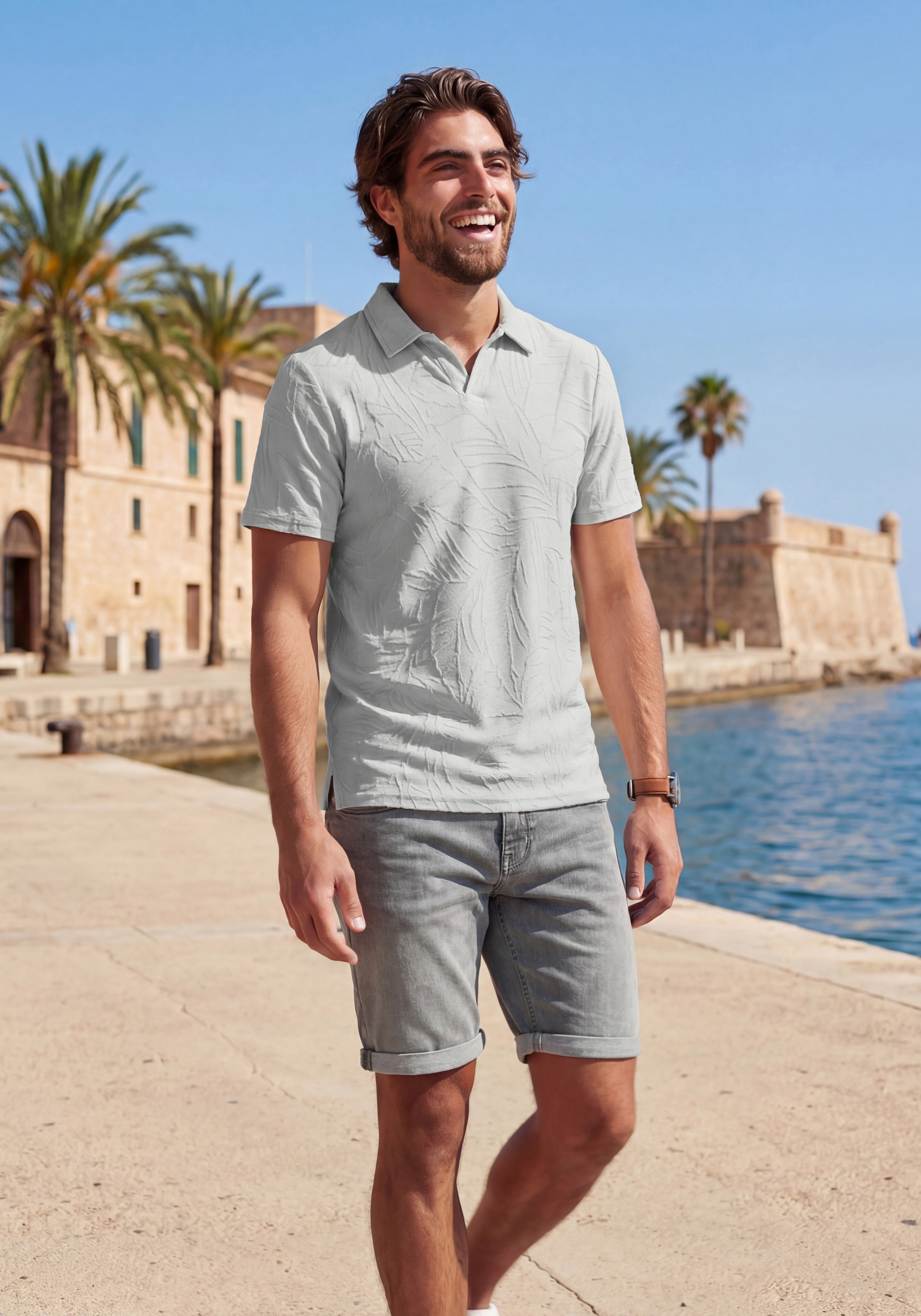 Beachtime Poloshirt », T-Shirt mit Kragen« neue Strukturqualität im Blätter-Design