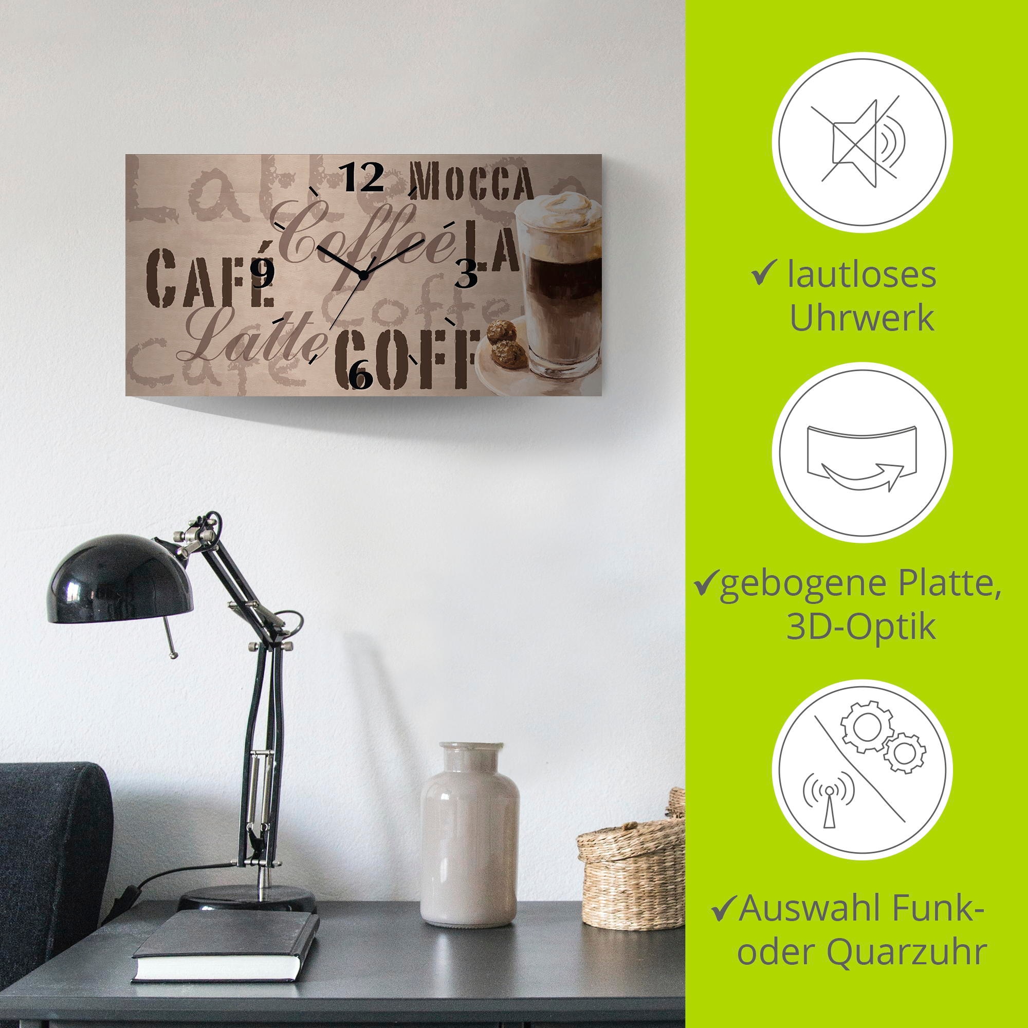 Artland Wanduhr »Kaffee - Latte Macchiato«, 3D Optik gebogen, mit Quarz- oder Funkuhrwerk, versch. Größen