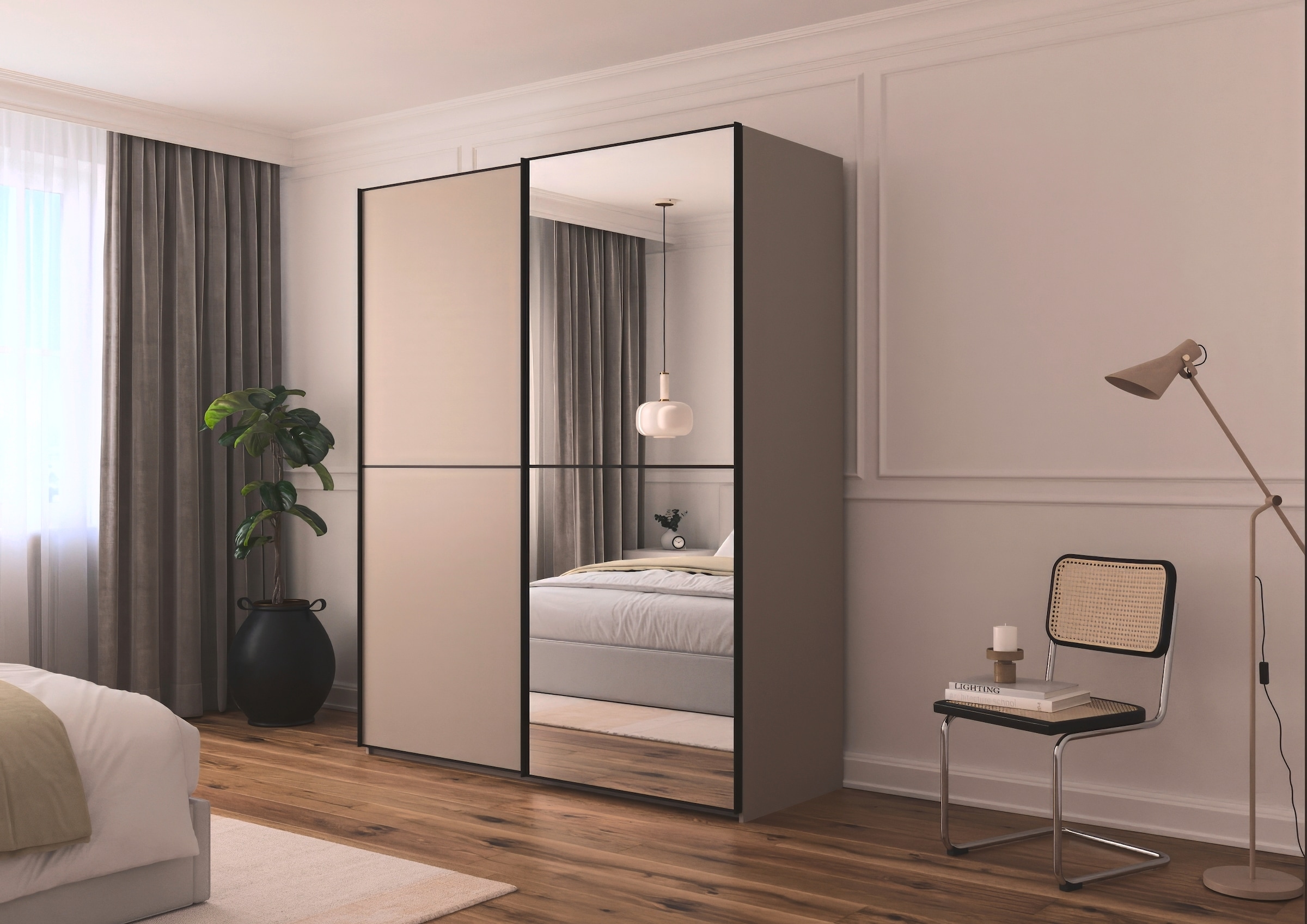 rauch Schwebetürenschrank »Kleiderschrank Schrank Garderobe Schlafzimmerschrank SCALE-DUO« edle zweigeteilte Türen, Spiegel und 3 Zierleisten MADE IN GERMANY