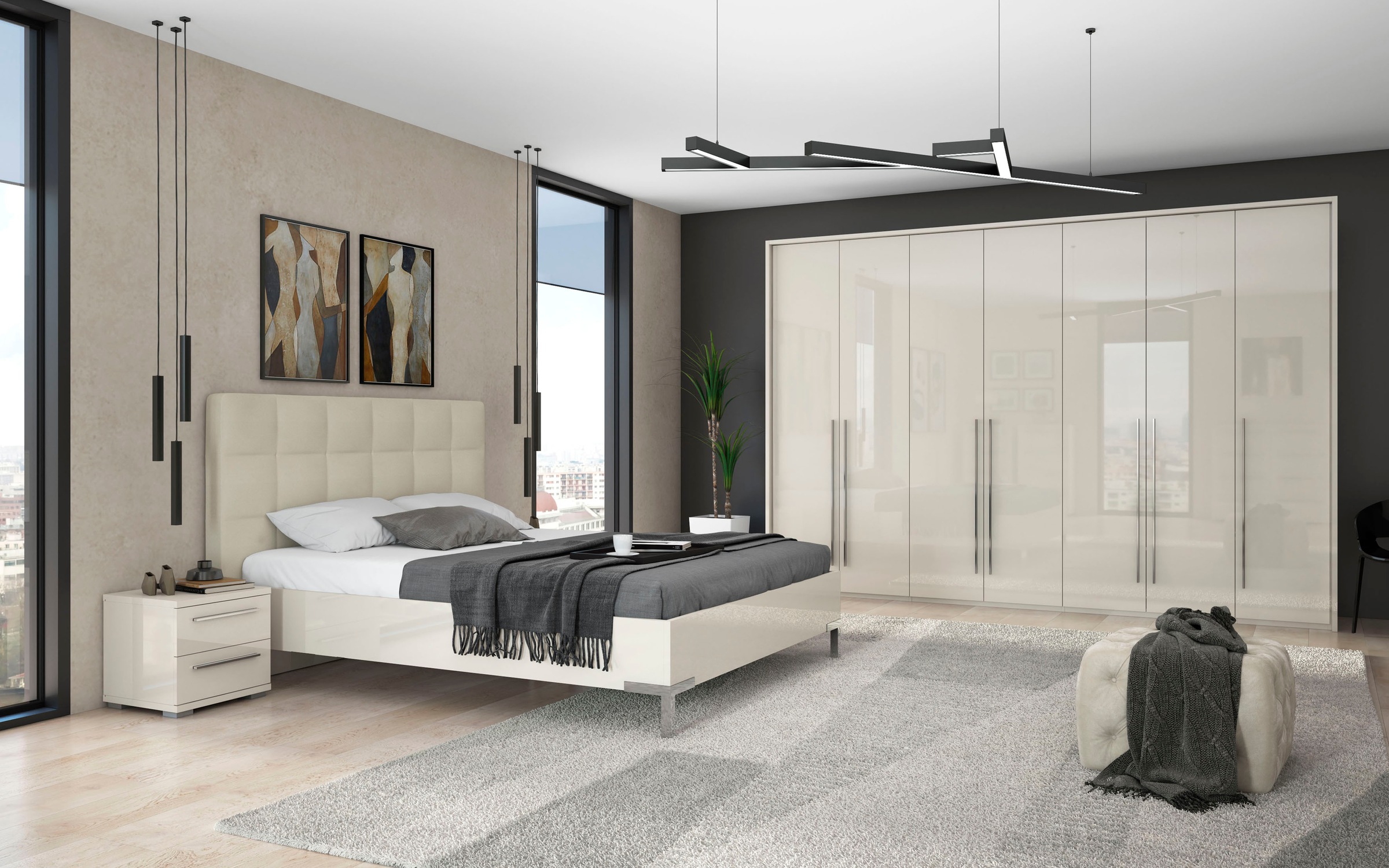 Places of Style Kleiderschrank »Piano, inklusive Rahmen und Beleuchtung, soft-close-Funktion«, (viele Breiten zur Auswahl, 226cm hoch), beige oder weiß, UV lackiert, Hochglanzfronten, FSC-zertifiziert