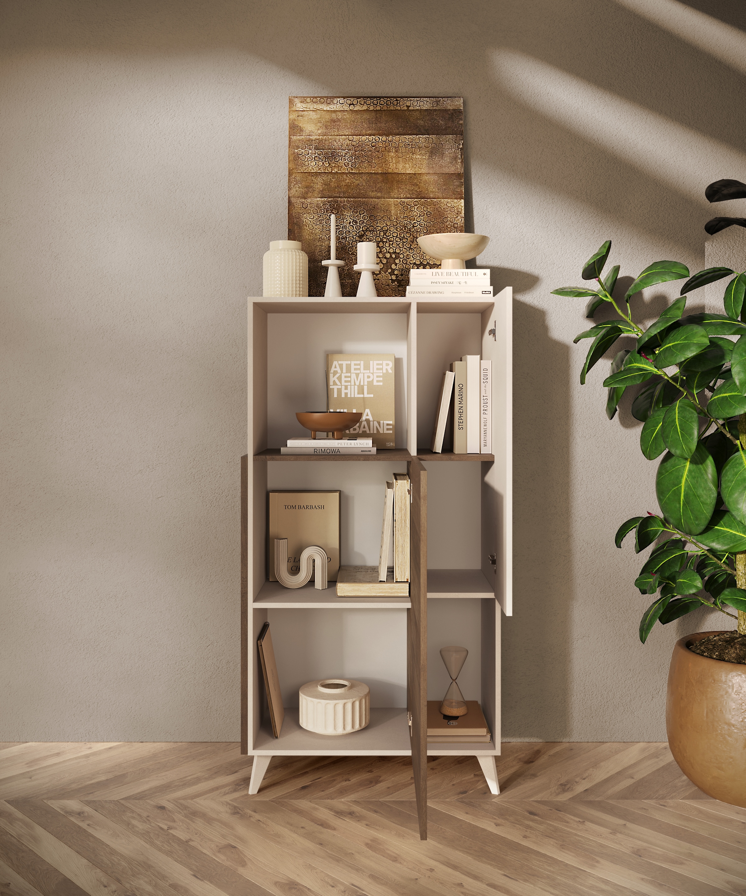 INOSIGN Highboard »Monaco Höhe 154 cm, Stauraumschrank mit 2 Türen (4 Fächer) und 2 offen«, Hohe, schmale Kommode – sanftes Schließen, edles Design, viel Platz