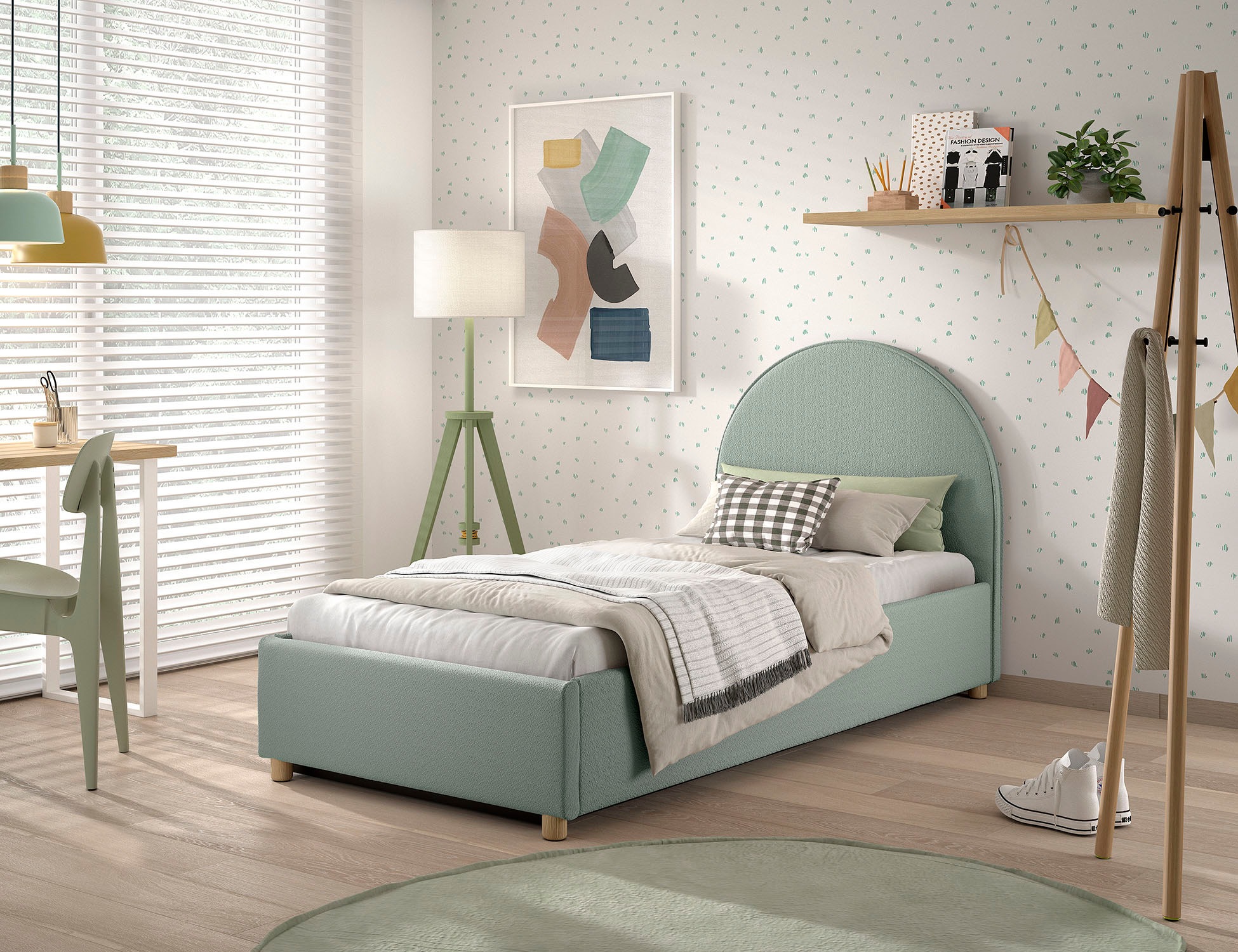 Vipack Boxbett »Moon, mit Lattenrost und Stauraum, modernes Design«, (gerundetes Kopfteil und in 2 Breiten erhältlich), inkl. Massivholz Füßen in natur, 3 Stoff Farben zur Auswahl