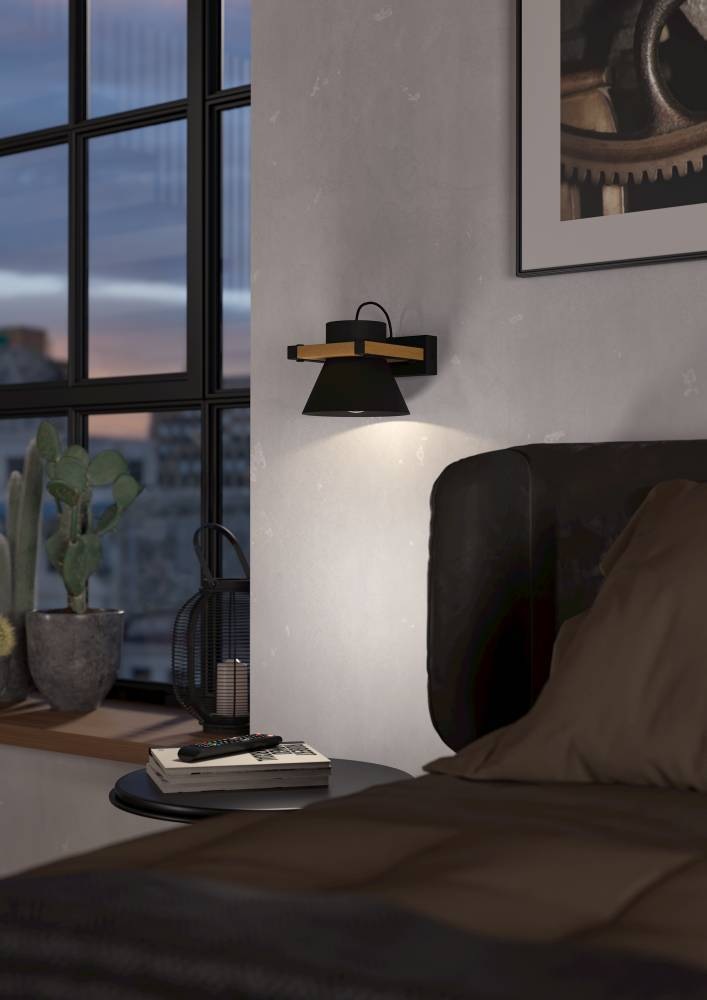 EGLO Wandleuchte »MACCLES Wandlampe, Stahl und Holz, Wohnzimmerlampe, Flurlampe, Lampe«, 1 flammig, Leuchtmittel E27 | ohne Leuchtmittel, aus schwarzem Metall und natürlichem Holz, für Wand und Decke, E27