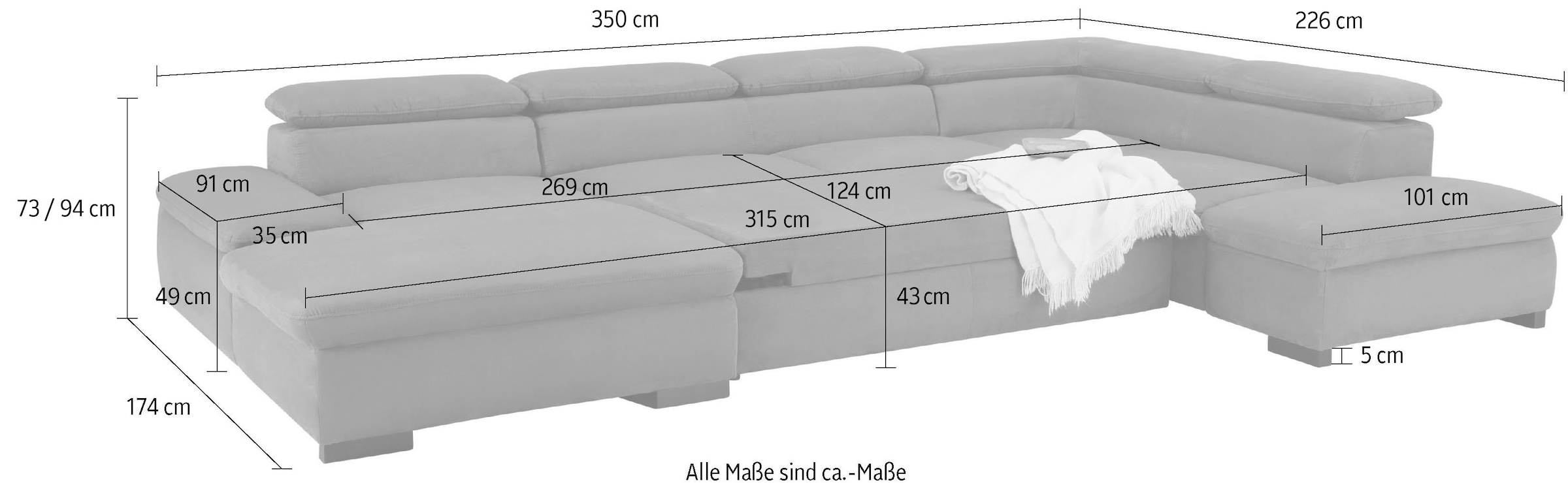 Home affaire Wohnlandschaft »Alberto U-Form«, mit Kopfteilverstellung, wahlweise mit Bettfunktion