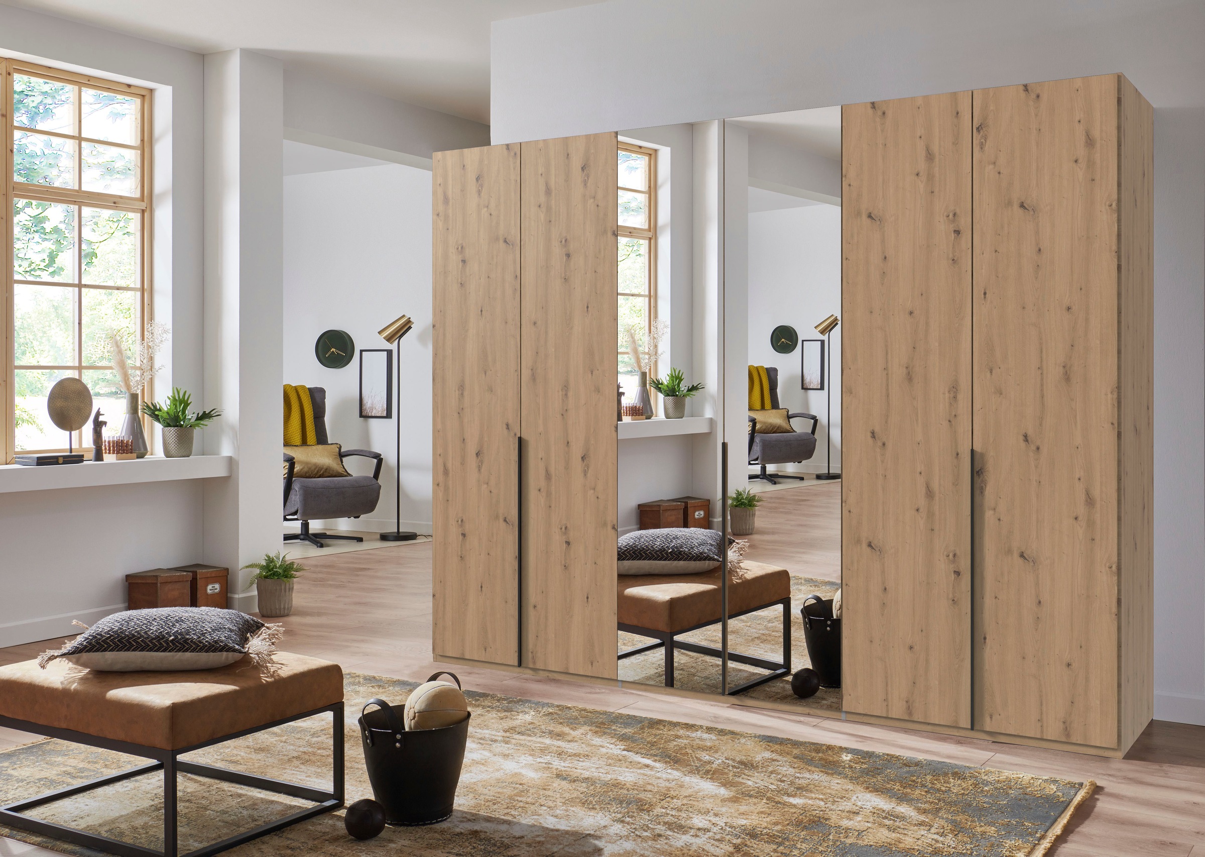 Wimex Kleiderschrank »Mugano, in 5 Breiten und 2 Höhen, Made in Germany«, (in Basic oder Premium Ausstattung mit 2 weiteren Einlegeböden), mit langen Griffstangen aus Metall, wahlweise mit oder ohne Spiegel