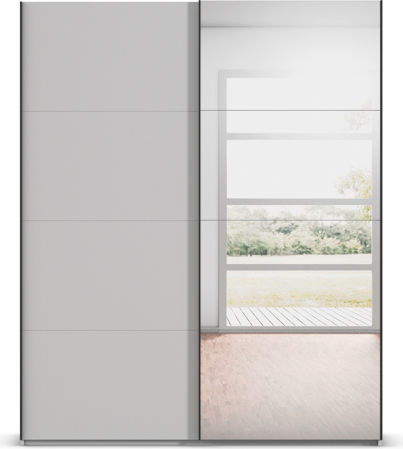rauch Schwebetürenschrank »Kleiderschrank Schrank Garderobe Schlafzimmerschrank SCALE-FYRA« edle viergeteilte Türen mit Spiegel und vielen Farben MADE IN GERMANY