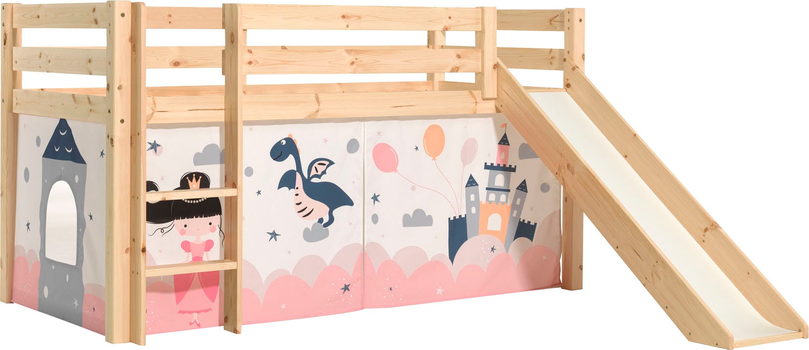 Vipack Spielbett »Pino, Kiefer massiv, mit Rolllattenrost u. Textil-Set, Made in Europe« B/H/T ca. 210x114x218cm, mit Absturzschutz, Leiter und Rutsche,  verschiedene Textil-Designs und Holzfarben zur Wahl