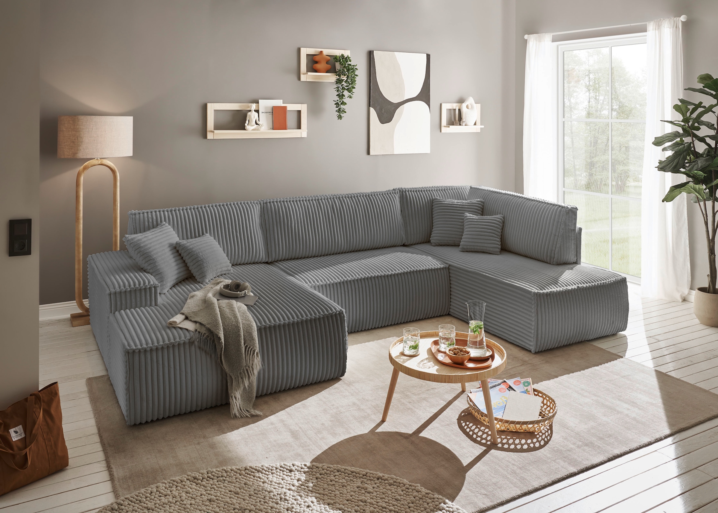 andas Wohnlandschaft »FINNLEY U-Form XXL 329 cm, Schlafsofa, Schlaffunktion m. Bettkasten«, (194/139 cm), Bouclé, Struktur und Cord