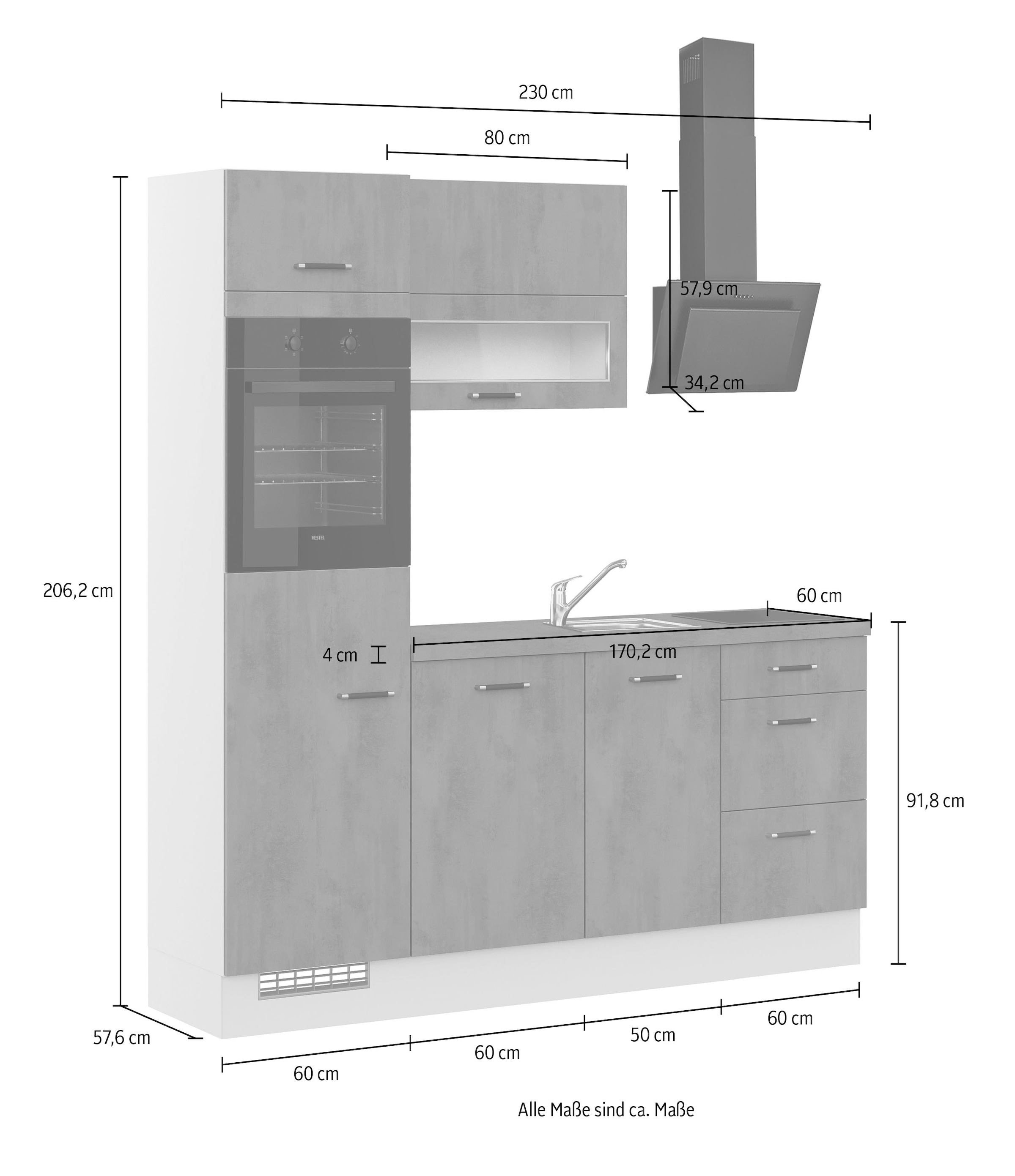 IMPULS KÜCHEN Küchenzeile »Prag, Ausrichtung wählbar, Schubkästen mit Soft-Close« Set,  vormontiert, in verschiedenen Farben erhältlich, Breite 230 cm