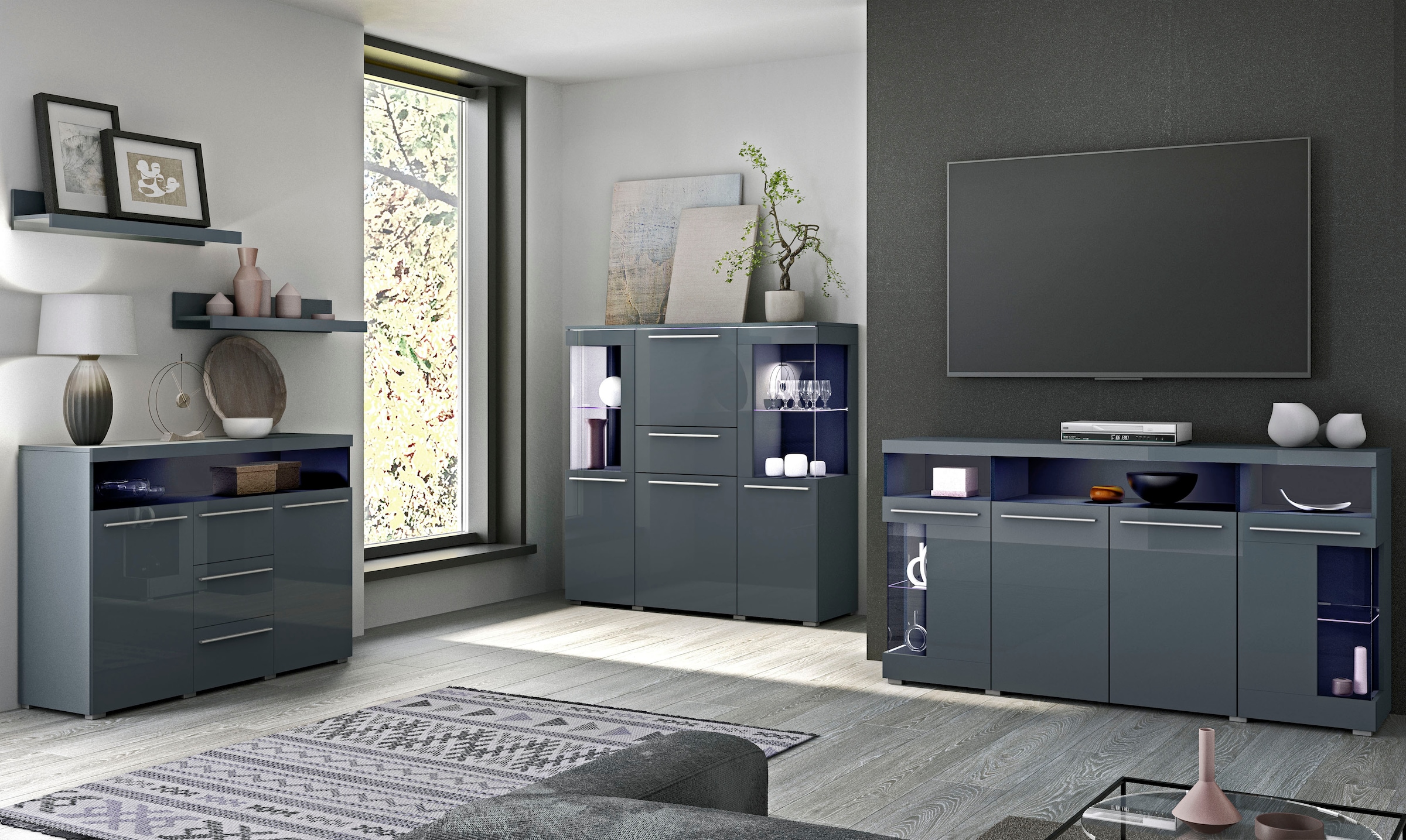 INOSIGN Highboard »India,Breite 130cm, stilvolle Hochkommode 3Türen, Klappe und Schublade«, Hochschrank viel Stauraum, Einlegeböden verstellbar,ohne Beleuchtung