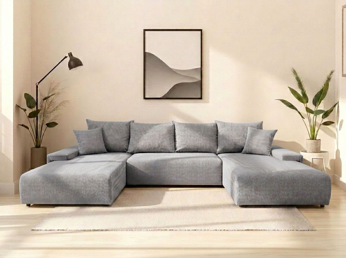 WERK2 Wohnlandschaft »Amalfi, B/T: 348/188 cm, in Cord mit Schlaffunktion & Bettkasten« modernes XXL Design, U-Form
