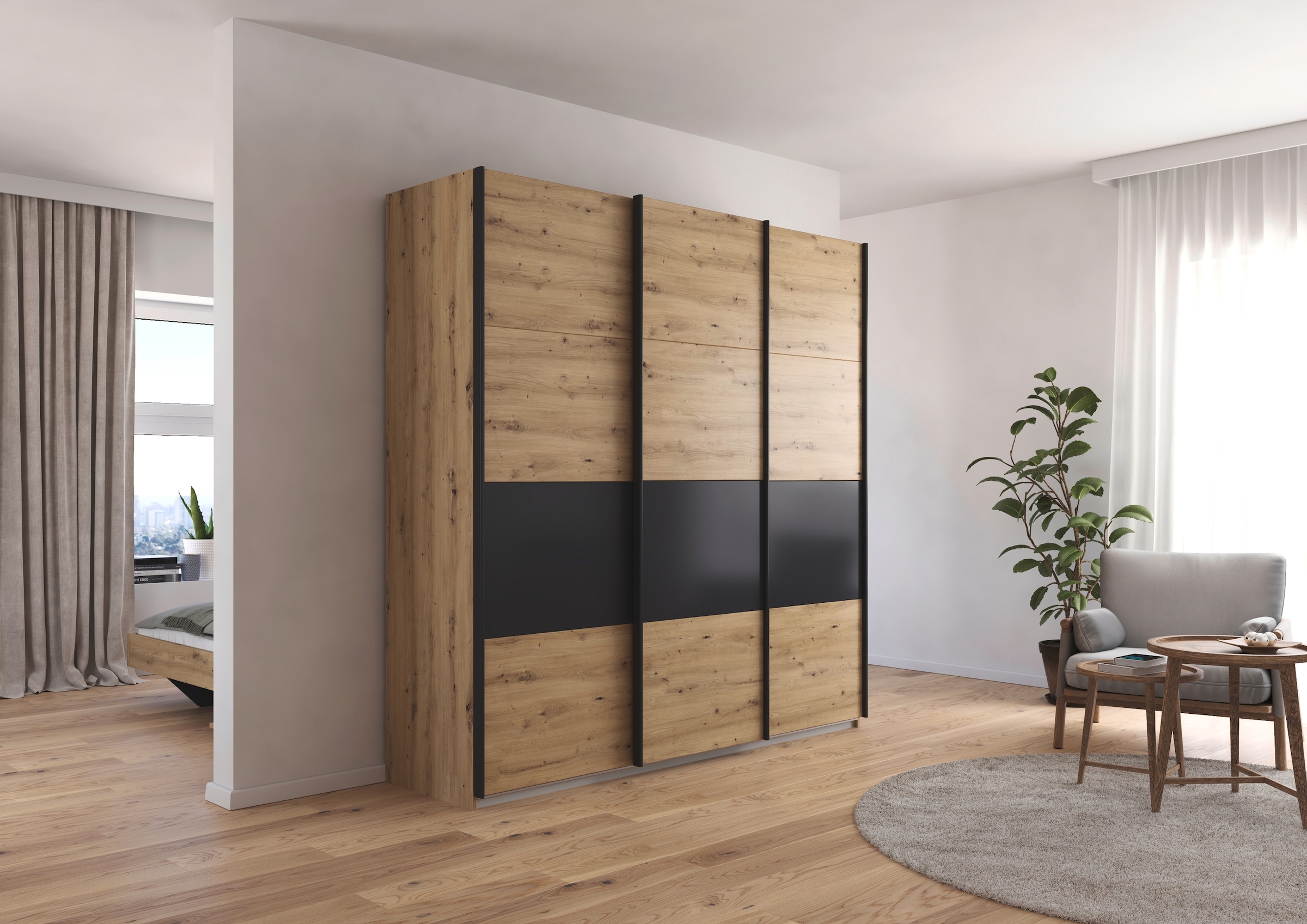 rauch Schwebetürenschrank »Schwebetürenschrank Kleiderschrank Schrank Garderobe CORTONA« inkl. Inneneinteilung, 2 Stoffboxen und zusätzlichen Einlegeböden