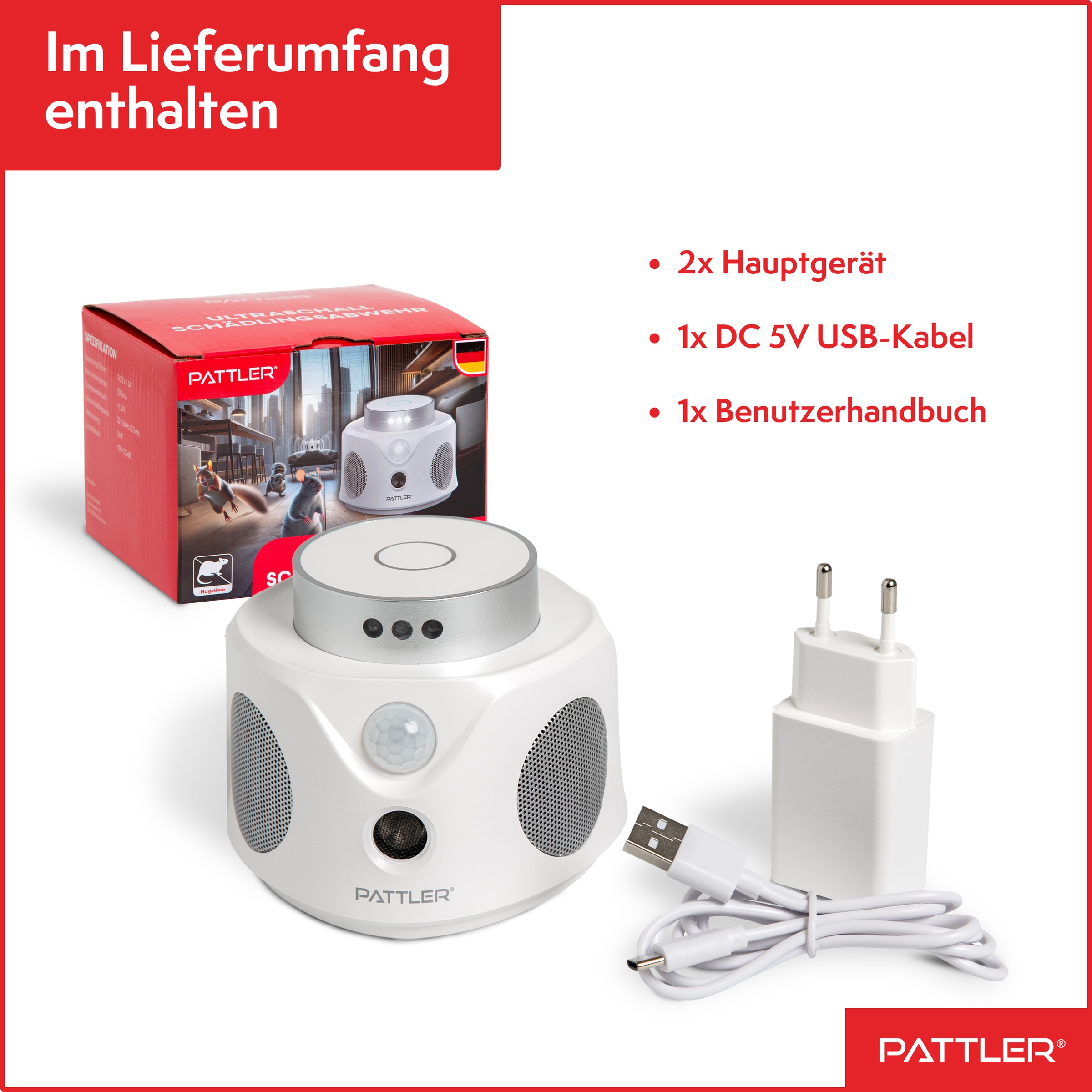 Pattler Ultraschall-Tierabwehr »360° Ultraschall Mäuseabwehr« 2 Geräte