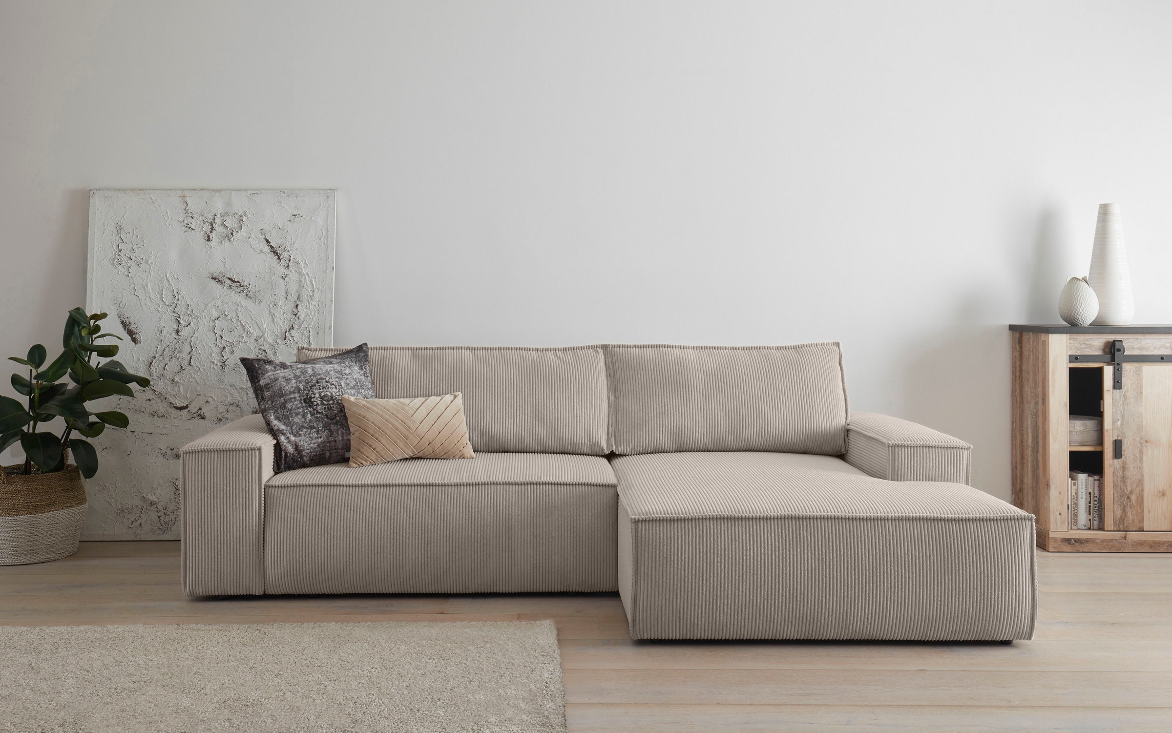 Home affaire Ecksofa »SHERWOOD Schlafsofa 267 cm, L-Form,«, Schlaffunktion mit Bettkasten (210x136 cm), Cord, Vintage, Samtvelours