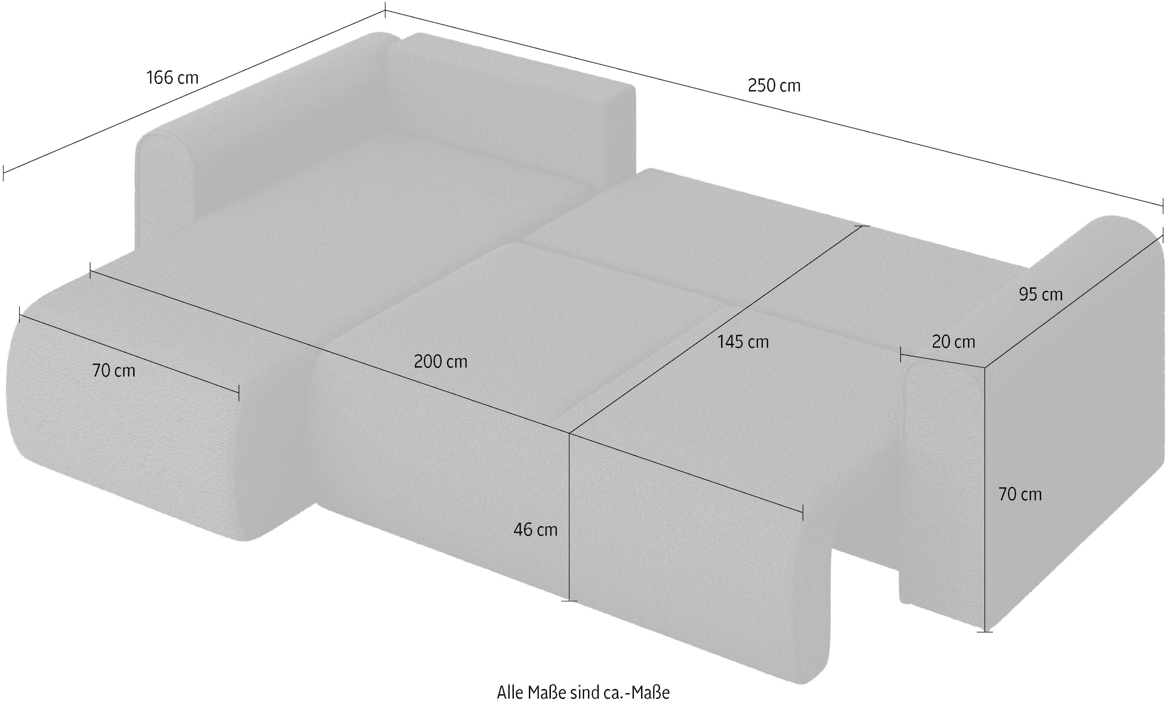 INOSIGN Ecksofa »Zacharia wahlweise Schlafsofa mit Bettkasten, B/T/H 250/166/86 cm«, L-Form mit Wellenunterfederung, Recamiere beidseitig montierbar