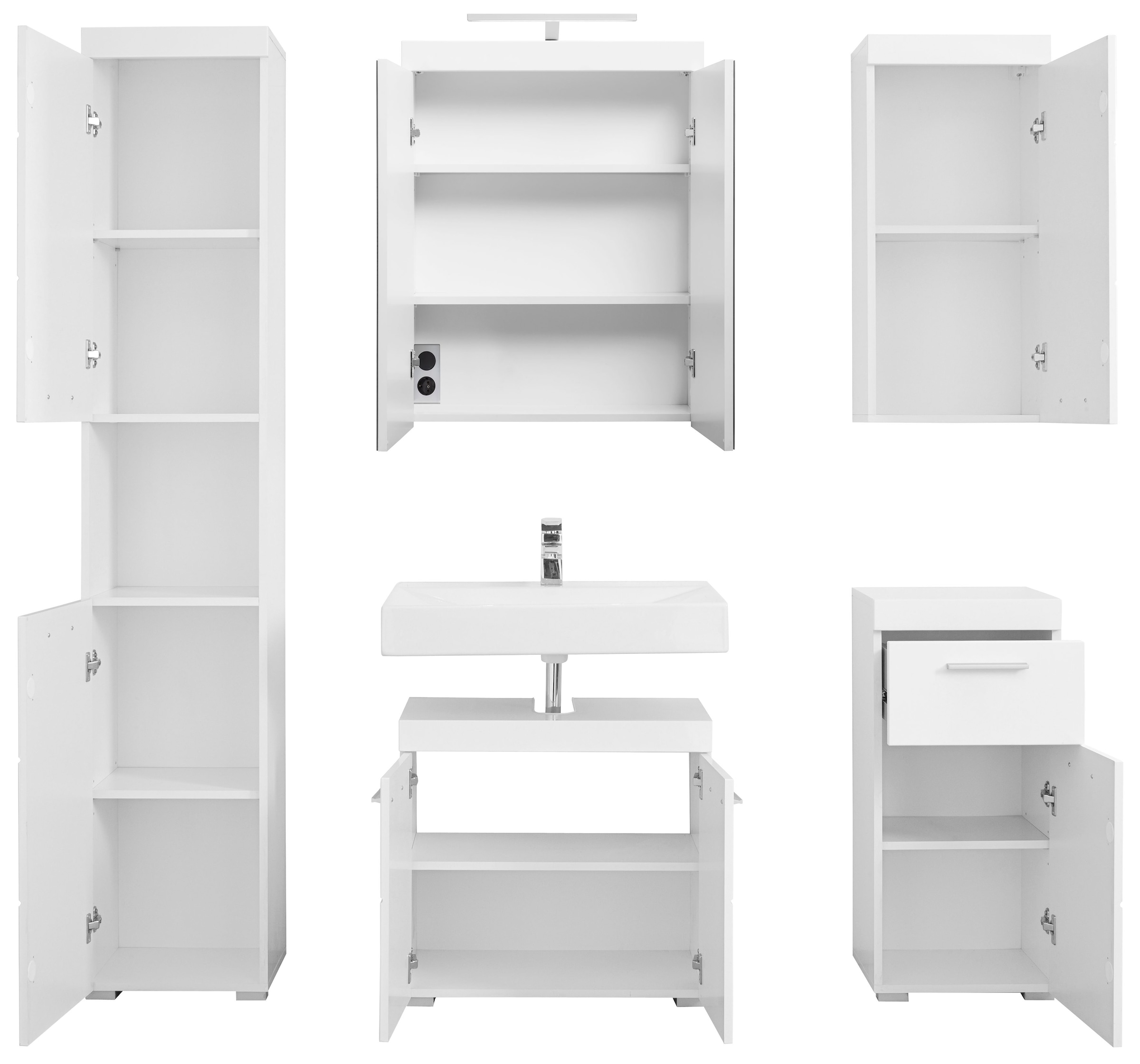 welltime Badmöbel-Set »Avena«, (Set, 5 St.), Hochschrank, WBU, Spiegelschrank, Kommode, Hängeschrank u. Beleuchtung