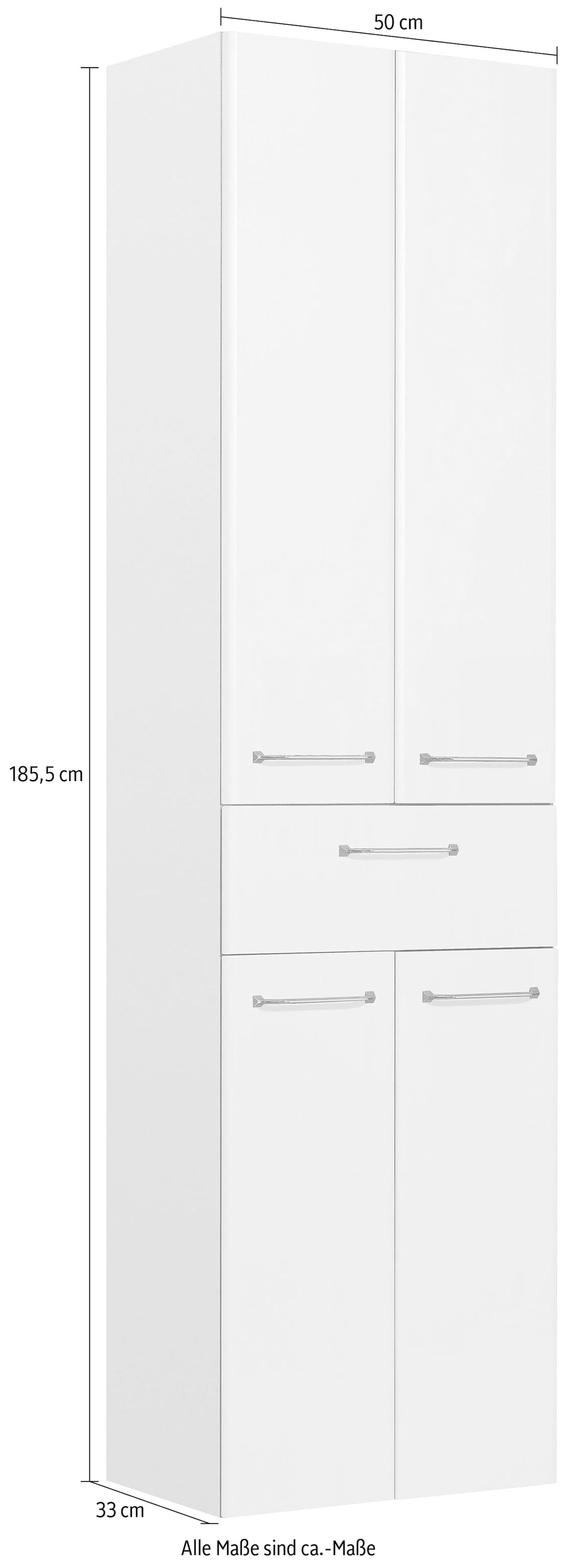 Saphir Hochschrank »Quickset Badschrank 50 cm breit, 4 Türen, 1 Schublade, 3 Einlegeböden« Badezimmer-Hochschrank inkl. Türdämpfer, Griffe in Chrom glänzend