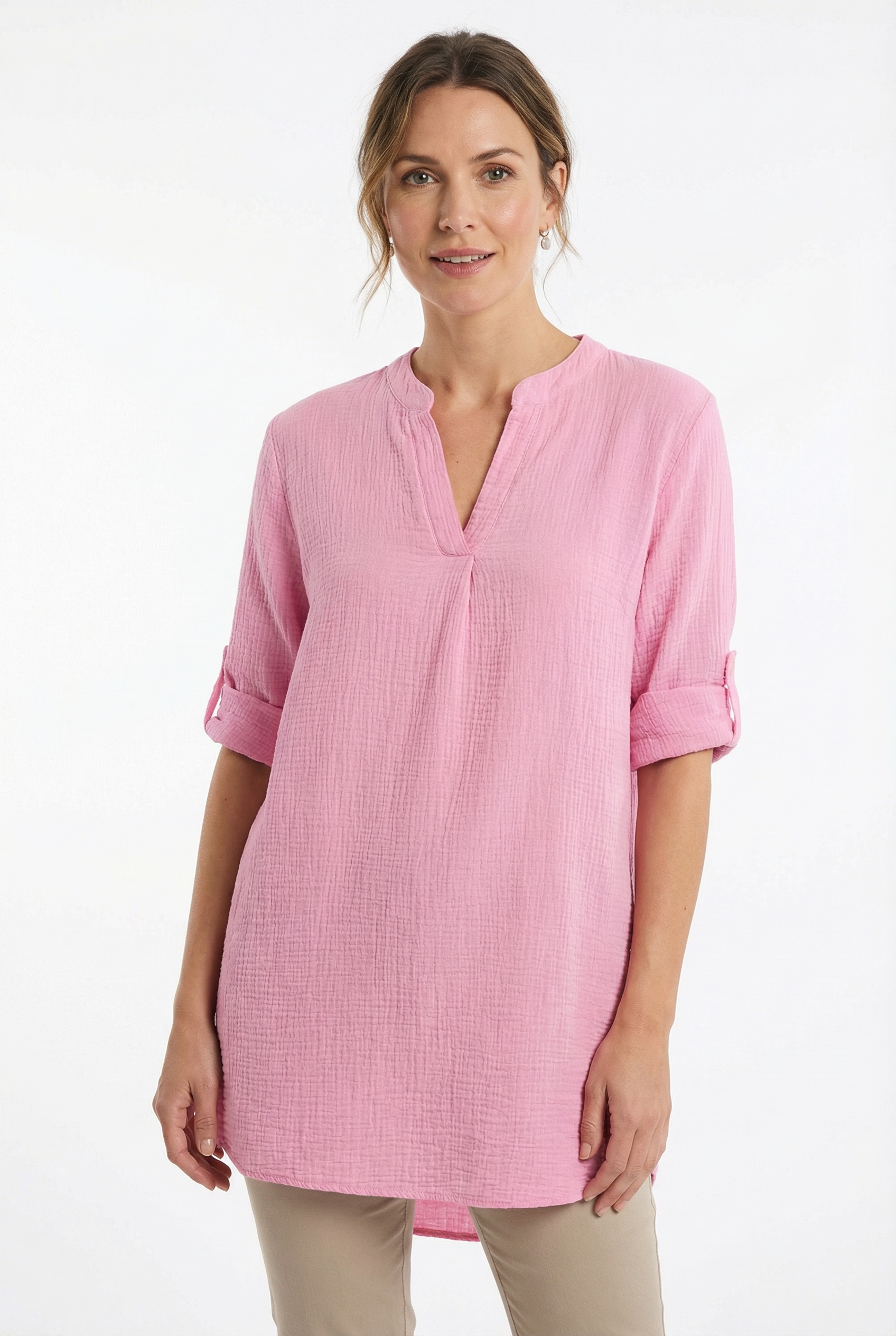 Zwillingsherz Schlupfbluse »"Rom"« verlängerte Rückenpartie, V-Neck, Turn-Up Ärmel, Musselin