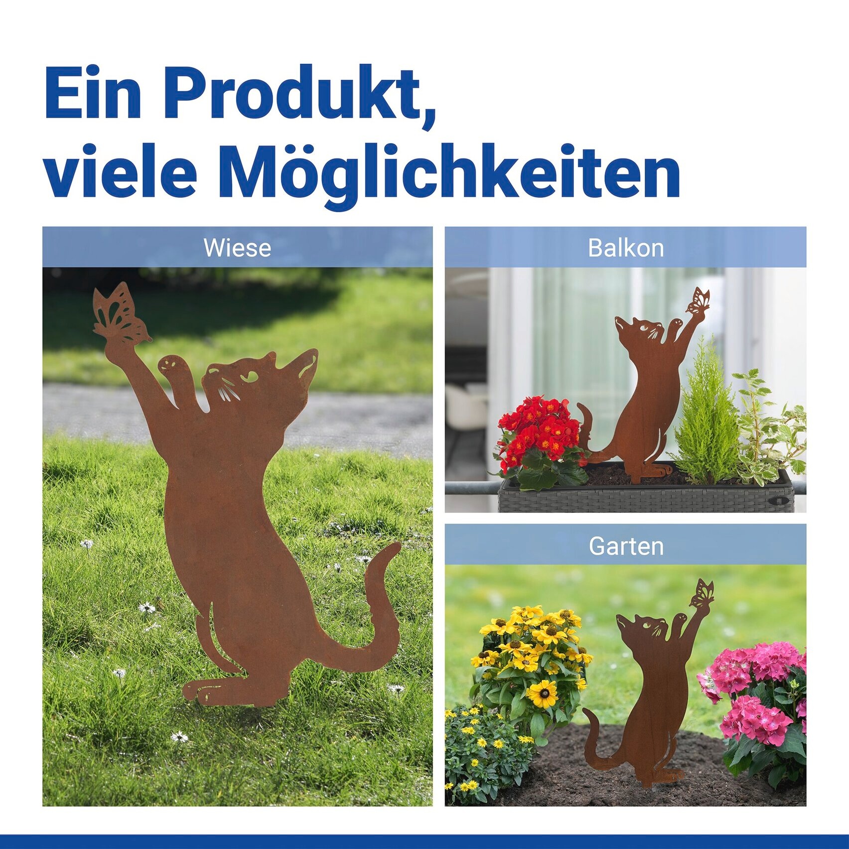 Maximex Gartenstecker »Katze & Schmetterling« Gartendekoration, wetterbeständig, Edelrost-Effekt mit feiner Patina