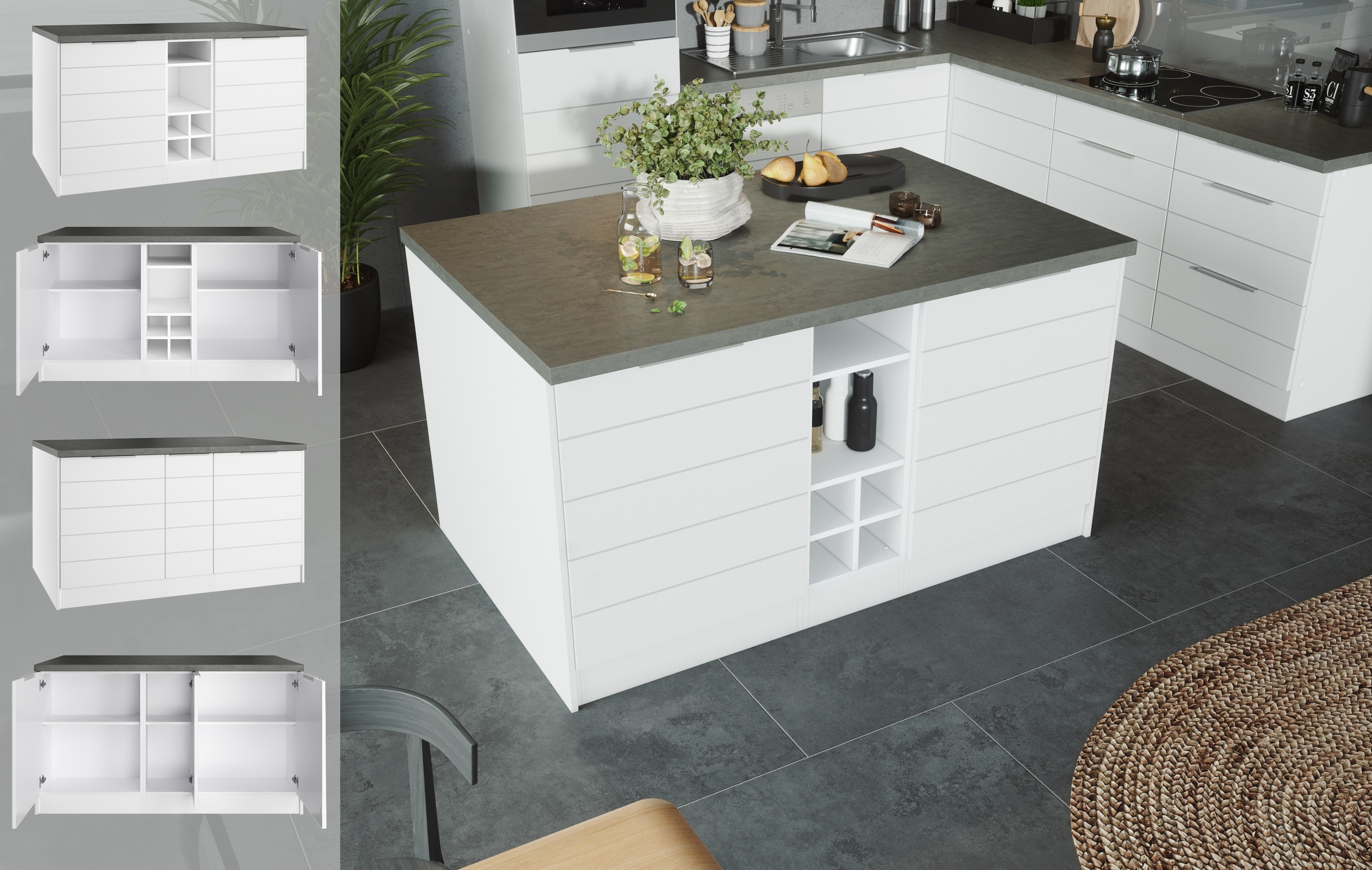 KOCHSTATION Kücheninsel »KS-Luhe, Breite 153 cm, mit Flaschenregal«, MDF-Fronten, Arbeitsplatte 38mm stark
