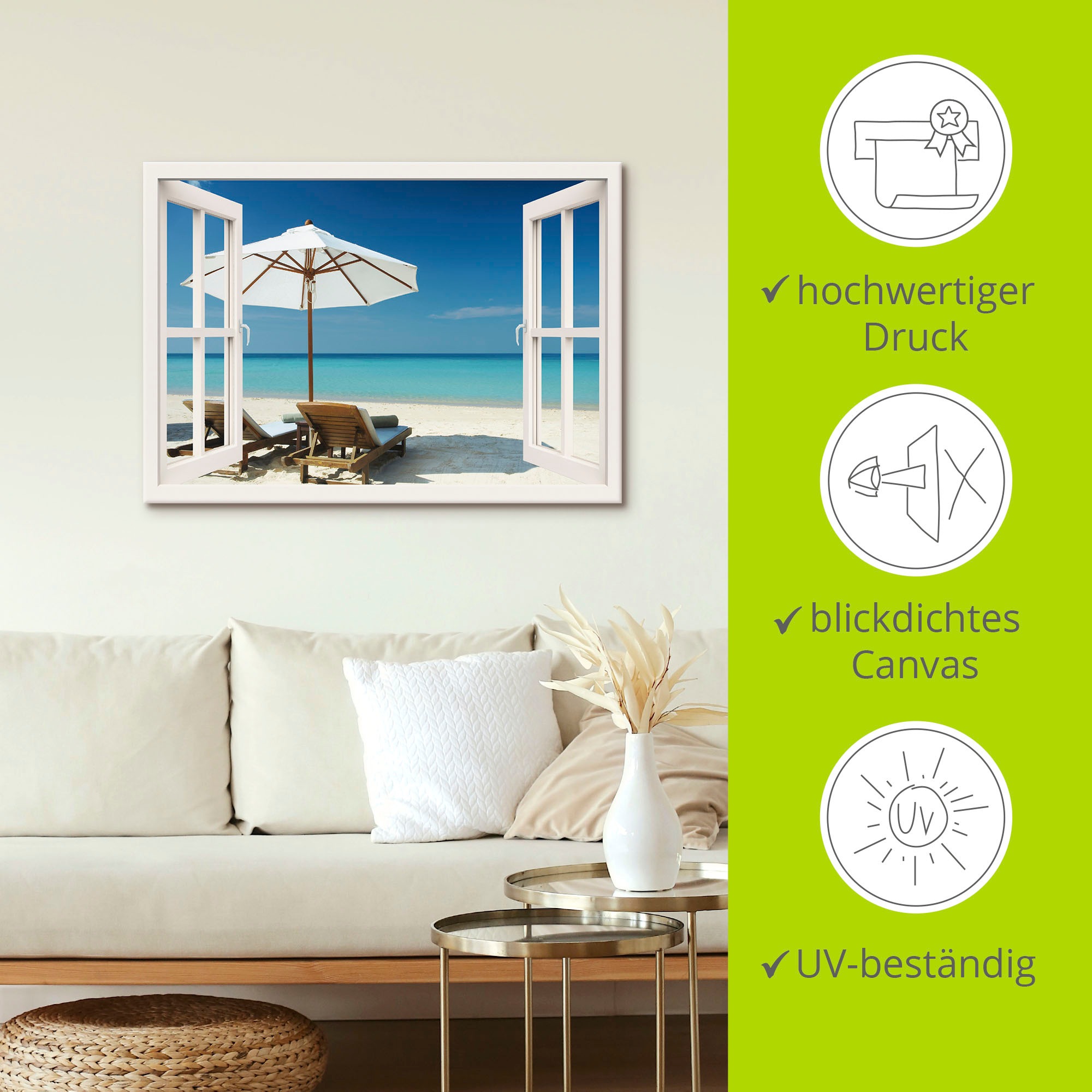 Artland Leinwandbild »Fensterblick - Zwei Liegestühle« Fensterblick 1 Stk. tlg. auf Holzrahmen gespannt