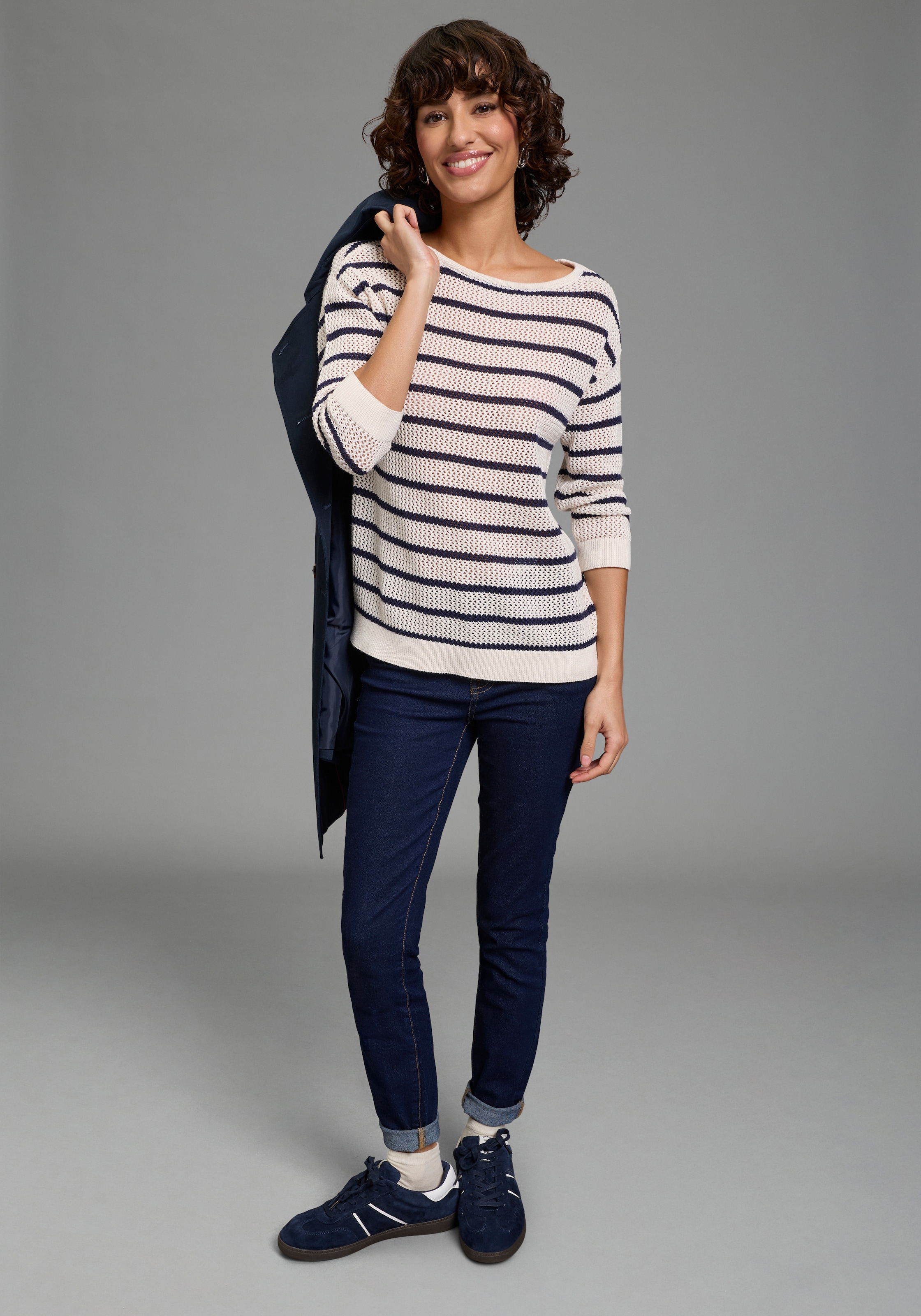 Laura Scott 3/4 Arm-Pullover leichter Sommerpullover aus modernem Lochstrick