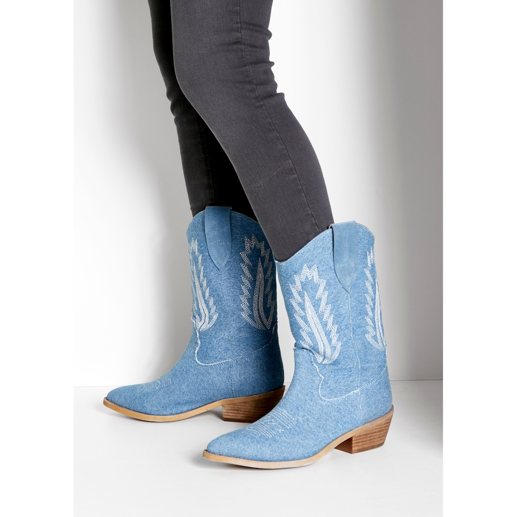 LASCANA Cowboy Boots, Cowboy Stiefelette, Western Stiefelette, Ankleboots im Denim-Look