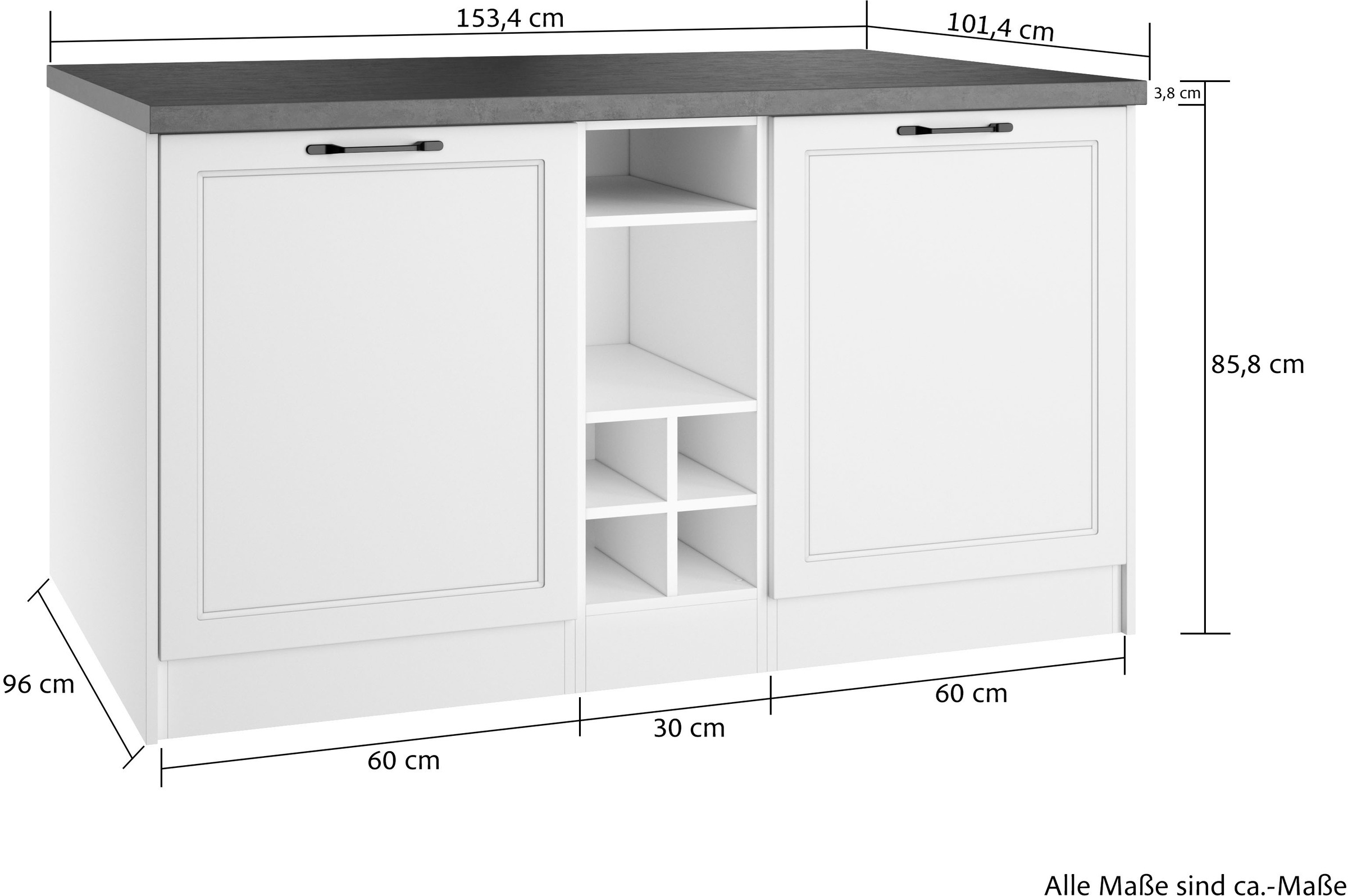 KOCHSTATION Kücheninsel »KS-Lani, Breite 153 cm, mit Flaschenregal« MDF-Fronten, Arbeitsplatte 38mm stark