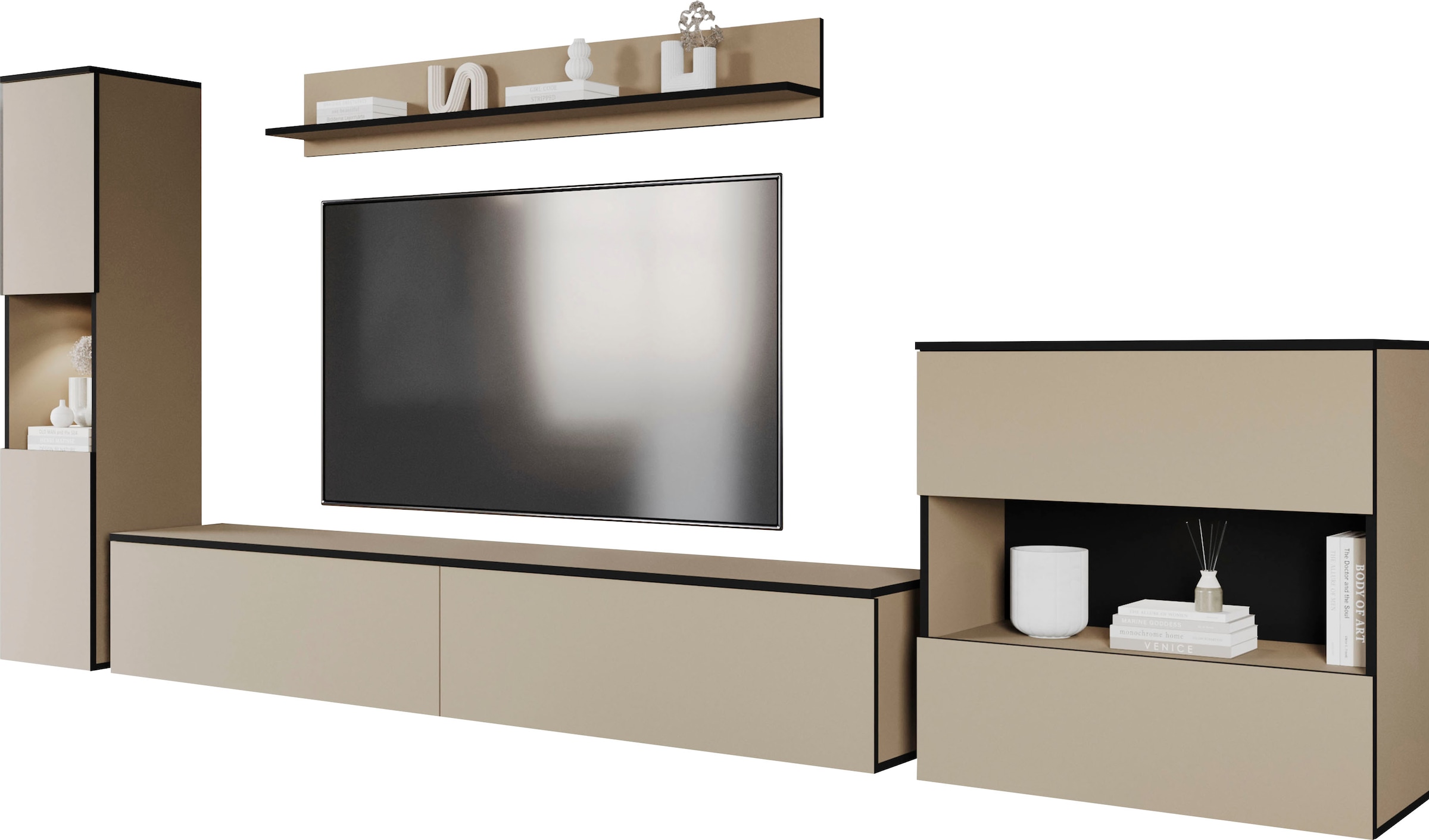 INOSIGN Wohnwand »PARIS, Vitrine Türanschlag links/rechts wechselbar«, (Komplett-Set, 4 St.), grifflose Design, stehend und hängend montierbar