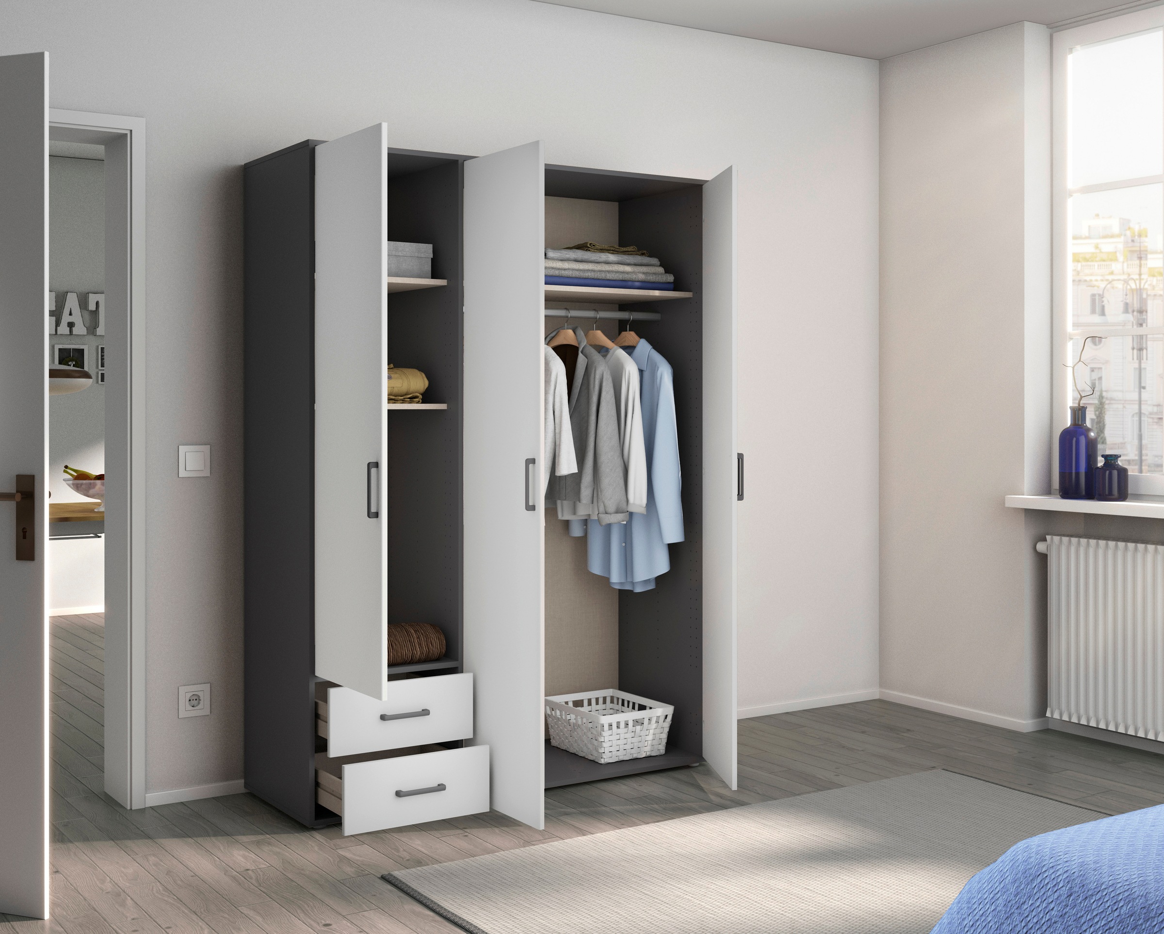 rauch Drehtürenschrank »Kleiderschrank Schrank Garderobe Wäscheschrank VOYAGER«, (in 3 verschiedenen Ausstattungen BASIC/CLASSIC/PREMIUM), moderne Griffe in Graumetallic mit Außenschubkästen MADE IN GERMANY