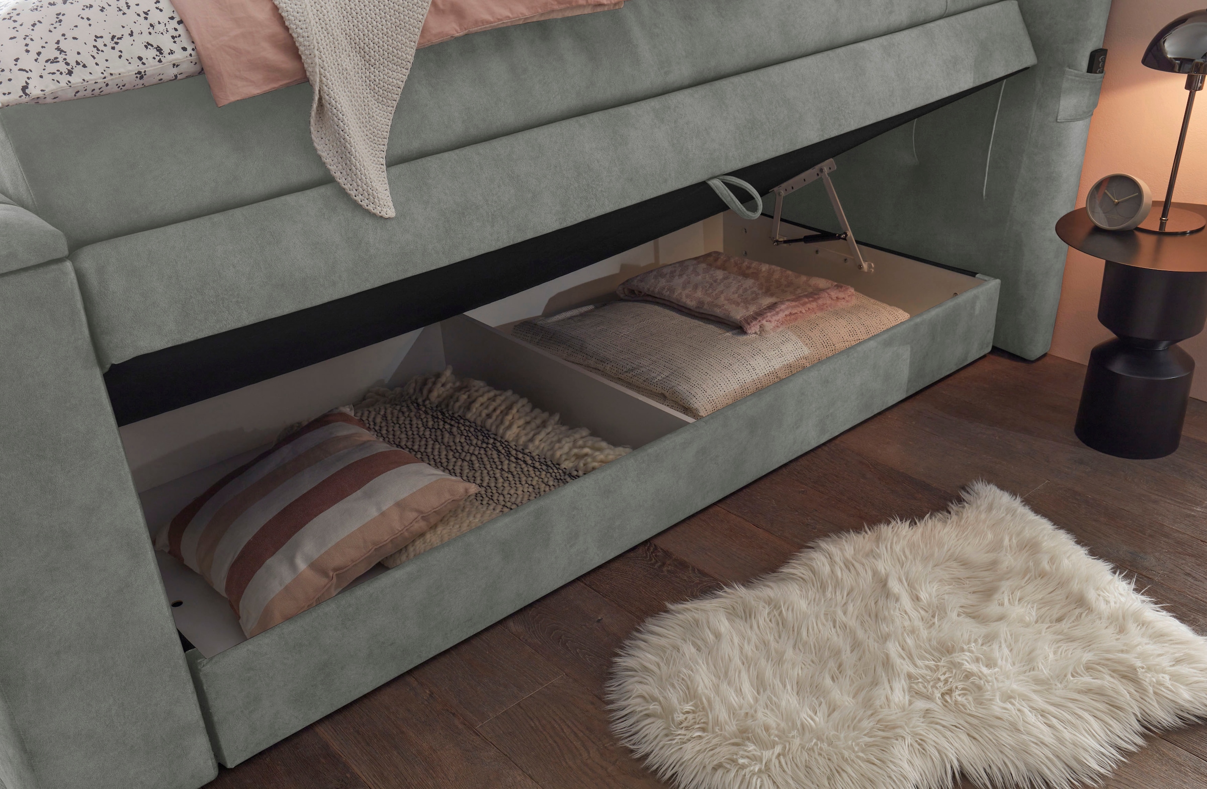 ED EXCITING DESIGN Boxspringbett »Springdale«, mit Bettkasten, motorisierter TV-Halterung, Duo-Matratze (H3/H4)
