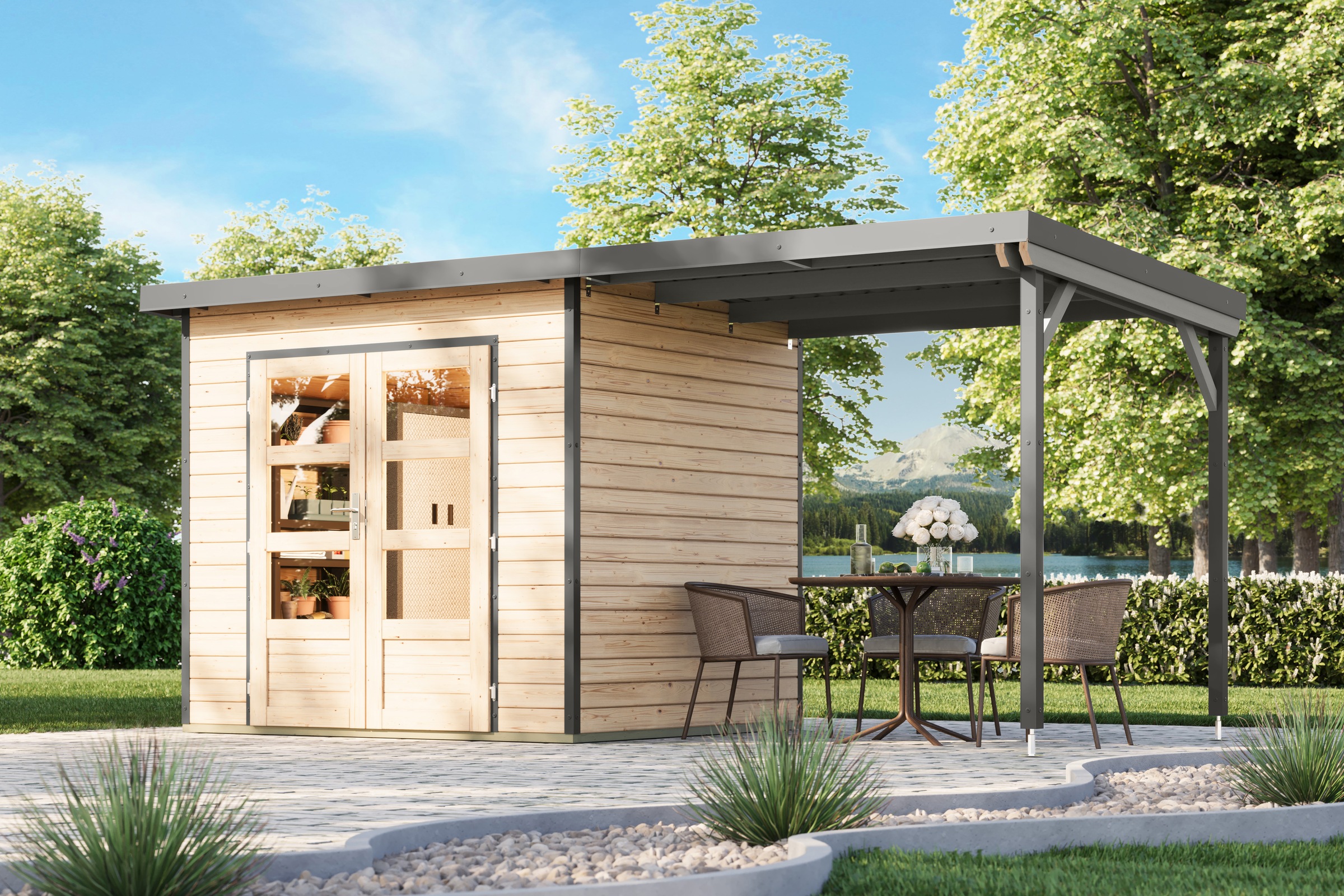 Karibu Gartenhaus »Plutino 2  SET, in verschiedenen Farben« inkl. Anbaudach