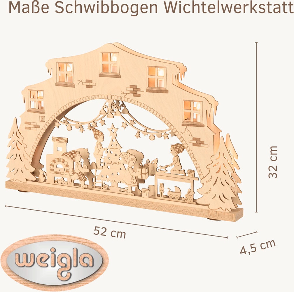 Weigla Schwibbogen »Wichtelwerkstatt, Lichterbogen aus Holz, NATUR, Made in Germany« Erzgebirge garantiert, Weihnachtsdeko Innen, Weihnachtsbeleuchtung