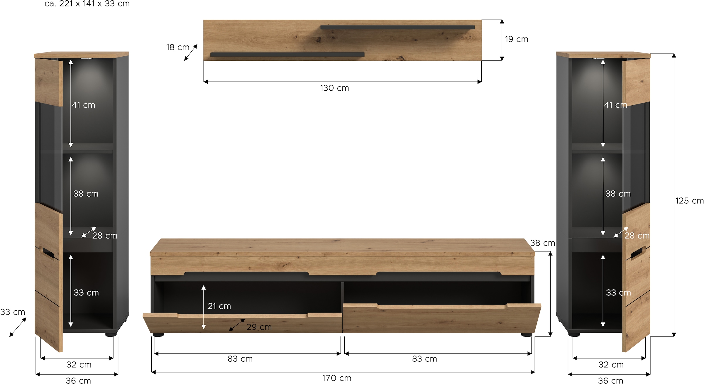 INOSIGN Wohnwand »REHAT, TOPSELLER!, 4-teilig, inkl. Beleuchtung, stehend oder hängend« Set bestehend aus: 2x Vitrine inkl. Beleuchtung, Lowboard & Wandboard, 4 Stk. tlg.