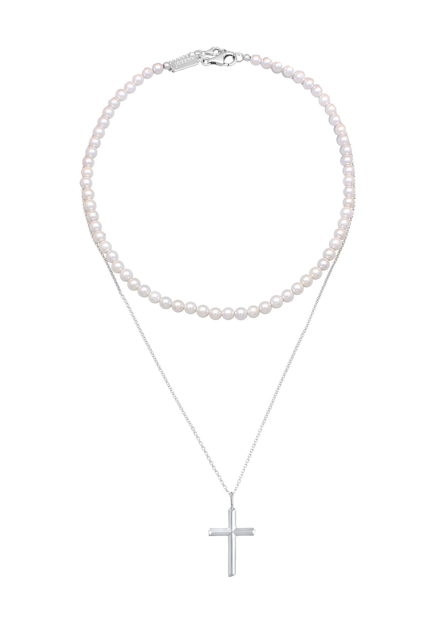 Kuzzoi Kette mit Anhänger »Halskette Muschelkernperlen Kreuz Klassik 2er Set 925 Silber«