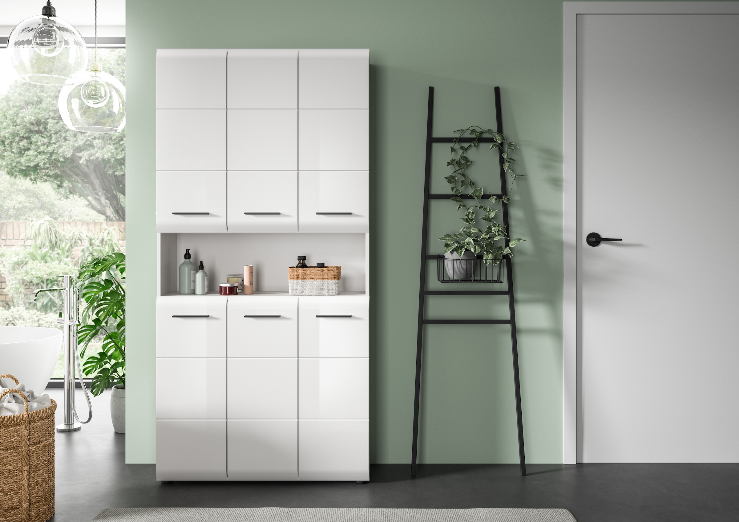 welltime Stauraumschrank 1 Stk. tlg. Florenz, Mehrzweckschrank, Weiß Hochglanz Tiefzieh, 13 Fächer