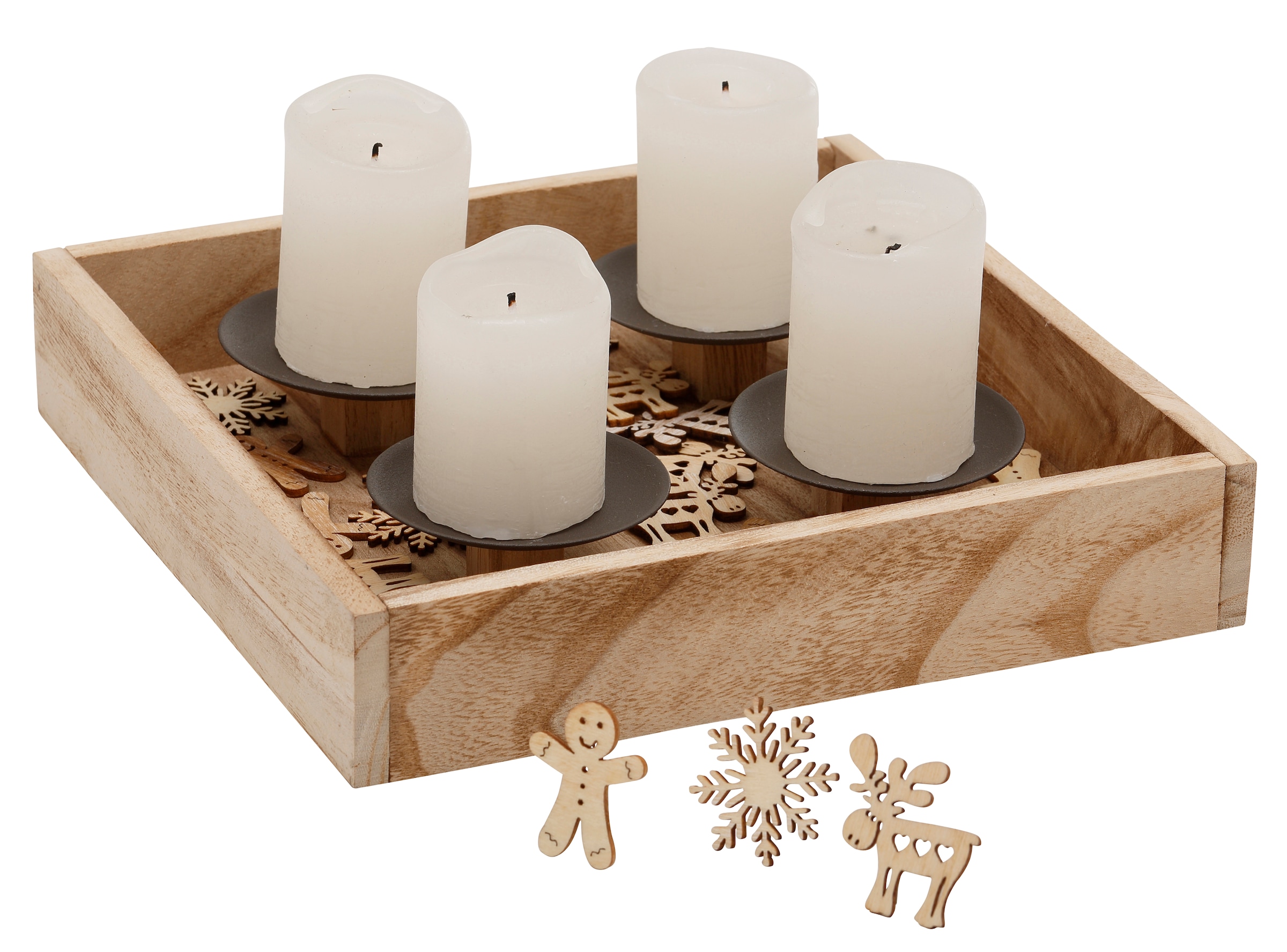 »Kerzenhalter auf Holz Tablett Kerzenhaltern affaire Home und 25x25 kaufen Metall, St.), 4 aus Weihnachtsdeko cm«, mit (1 24 Streudekofiguren, Rechnung Ennsling Adventsleuchter mit