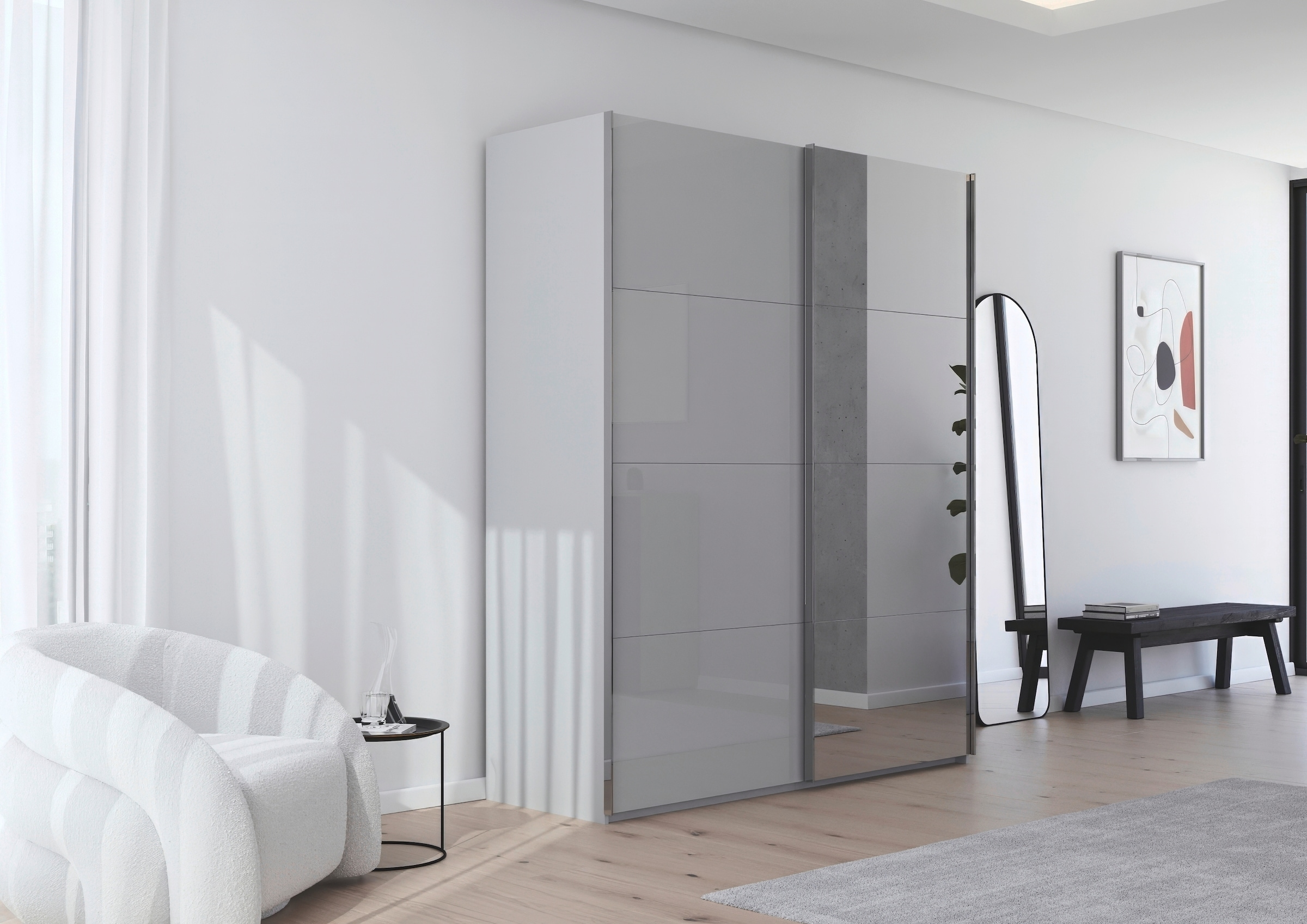 rauch Schwebetürenschrank »Kleiderschrank Schrank Garderobe Schlafzimmerschrank SCALE-FYRA«, edle viergeteilte Türen Spiegel/Glas-Mix viele Farben MADE IN GERMANY